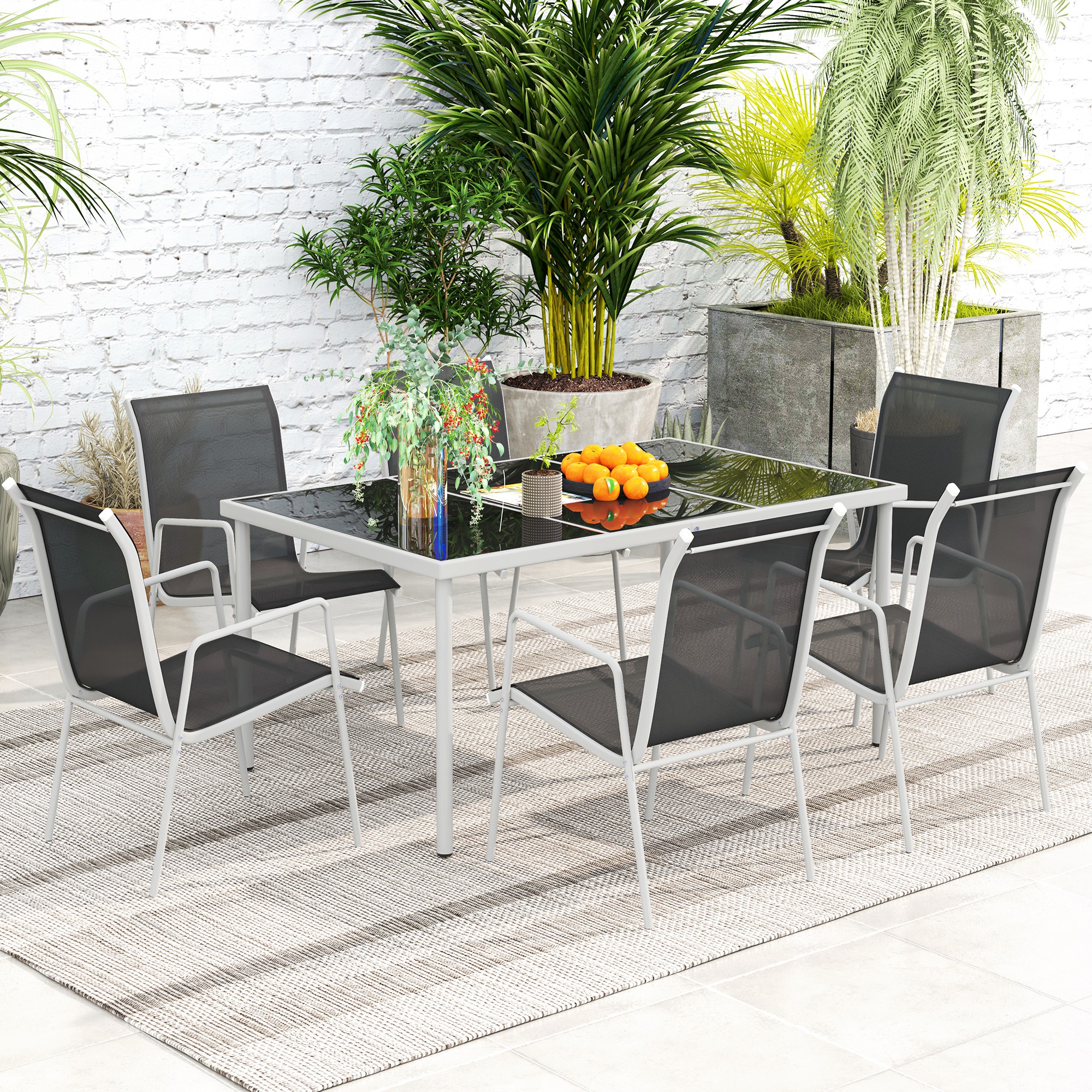 7-delige tuinmeubelset met eettafel en 6 stapelbare stoelen, Glastafel, Zwart