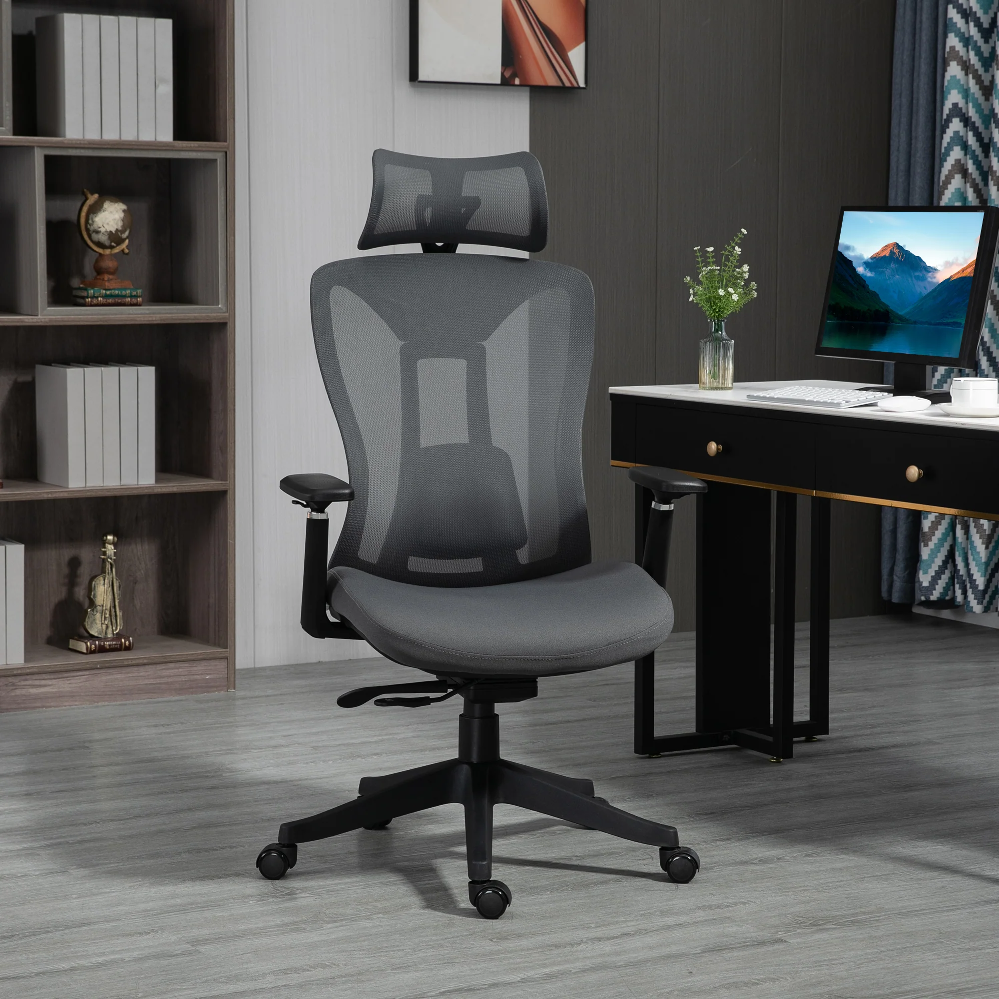 Easycomfort Sedia da Ufficio Reclinabile con Poggiatesta, Supporto Lombare e Altezza Regolabili, Grigio