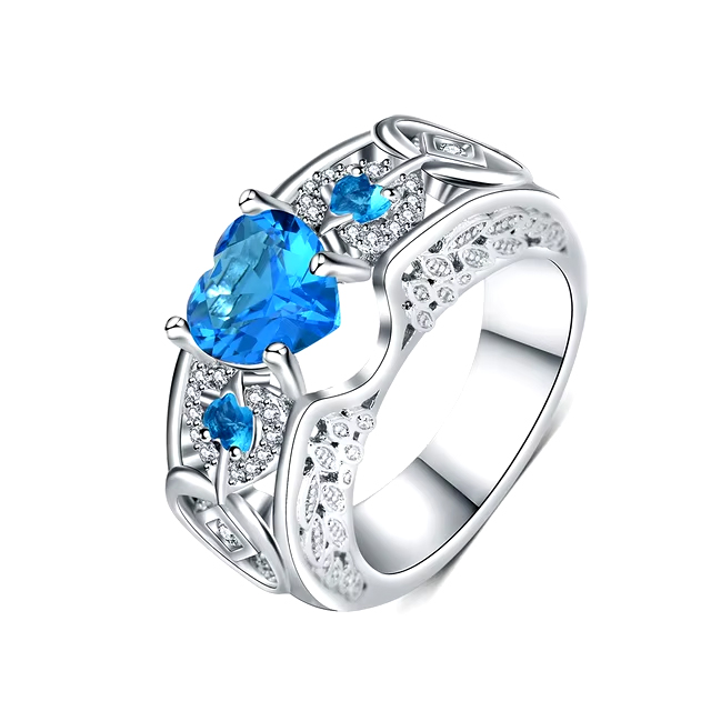 925 Sterling Silver Sky Blue Heart Design Shining CZ Crystal Ring