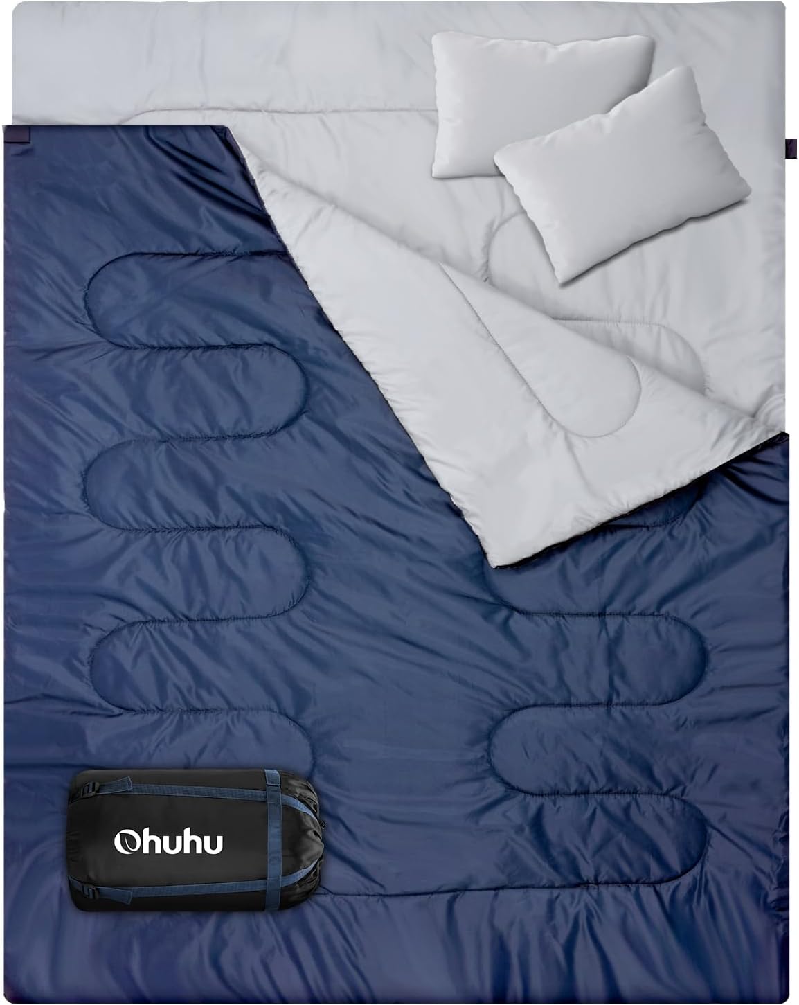 Ohuhu Sacco a Pelo Matrimoniale, Sacco a Pelo 3 Stagioni Enorme 220x150cm con 2 Cuscini, Sacco a Pelo Doppio Portatile Comodo Campeggio Leggero con Custodia, (2.75kg/3.5kg)