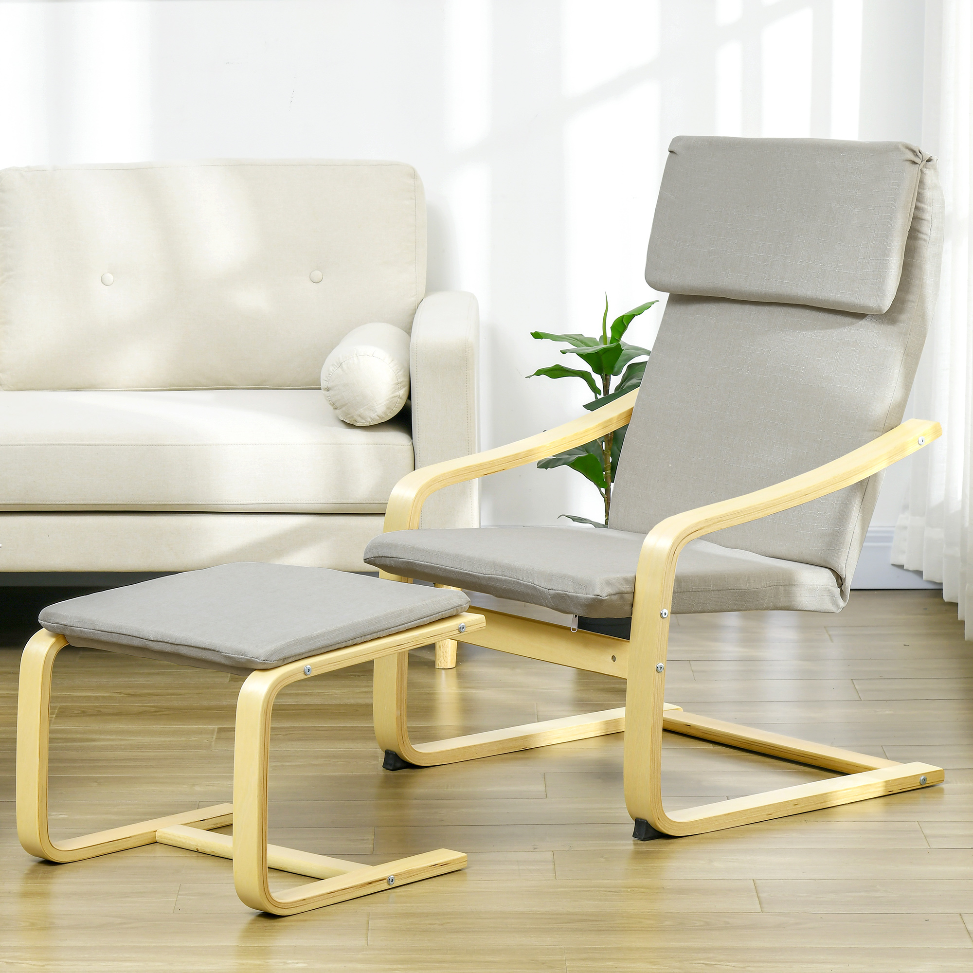 HOMCOM Loungesessel mit Hocker, Bezug in Leinenoptik, Holzrahmen, bis 120 kg, Cremeweiß/Natur