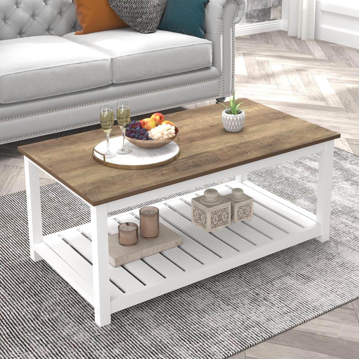 FOLUBAN Industrial Coffee Table Wood and Metal Oak Cocktail Table