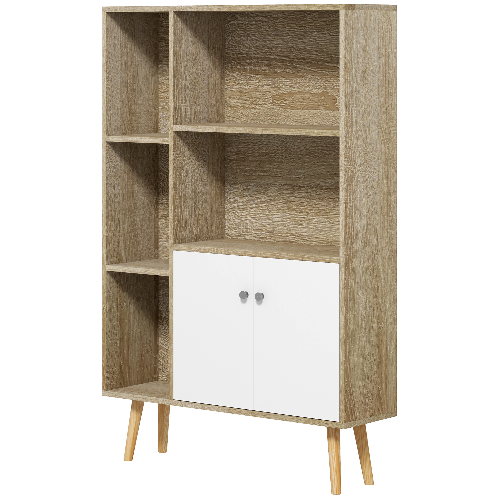 HOMCOM Skandinavisches Bücherregal Aufbewahrungsmöbel dim. 80L x 23,5B x 123H cm 5 Nischen Schrank 2 Türen geneigte massive Pinienholzfüße