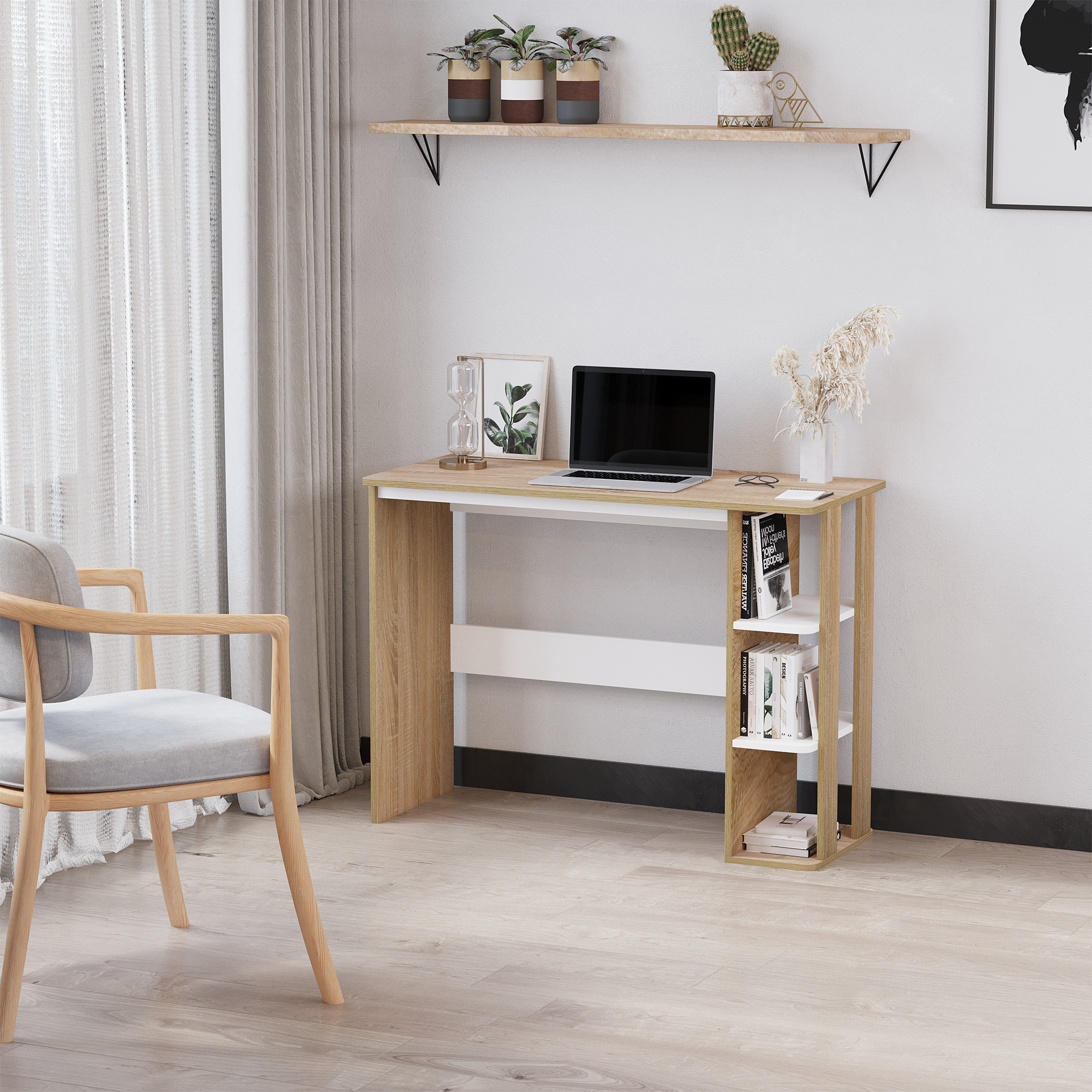 HOMCOM Schreibtisch mit Regal Bücherregal Computertisch Bürotisch Spanplatte Natur+Weiß 100 x 44 x 74 cm