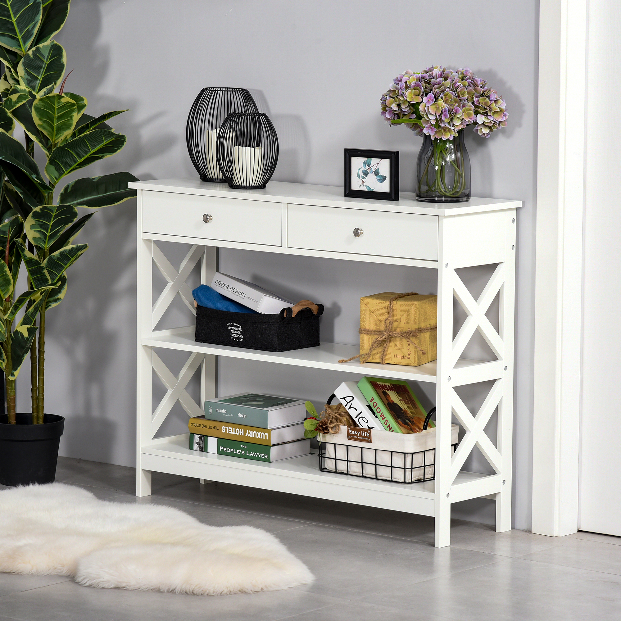 HOMCOM Konsolentisch Beistelltisch mit Schublade und 2-stufigen Ablagefächern MDF-Platte und X-Rahmen Anti-Kipp-Design für Wohnzimmer und Eingangsbereich Weiß 100 x 30,5 x 80 cm