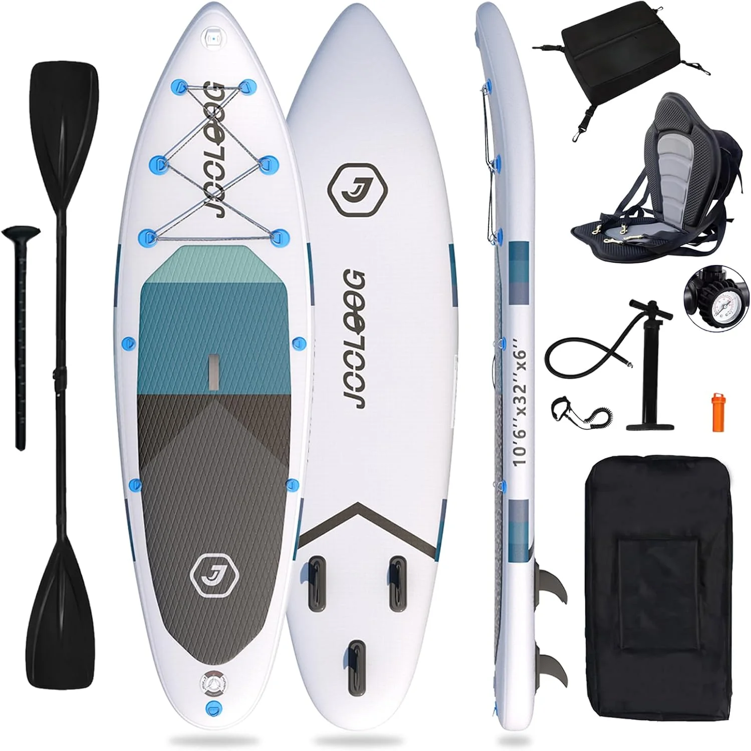 Inflatable stand-up kayak, 6 inches thick, equipped with a high-quality backpack, non-slip hull, bottom fins, and lightweight paddle frame, with a length of 10'3''/10'5''