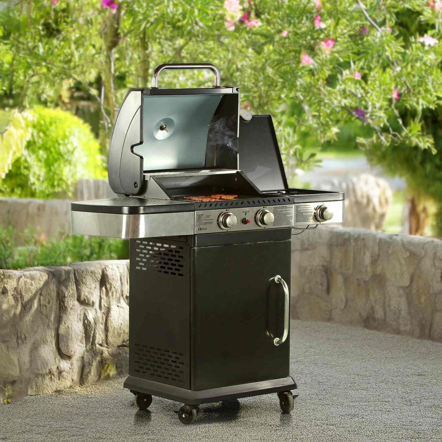 Brigros - Barbecue a gas DALLAS con rotelle potente e pratico, comodo da spostare, sistema di pulizia facile (3 fuochi)