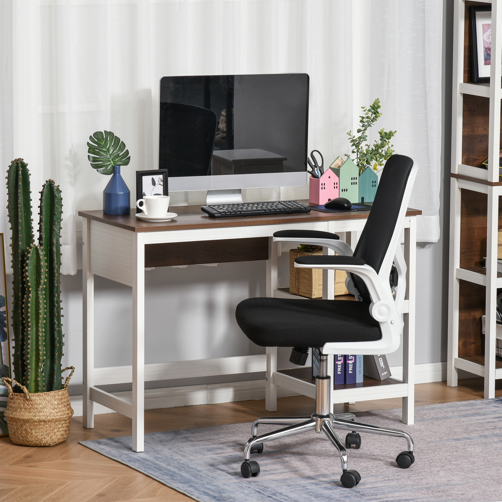 HOMCOM Computertisch Multimedia 110L x 48B x 76H cm 2 seitliche Regale MDF E1 Eiche Weiß