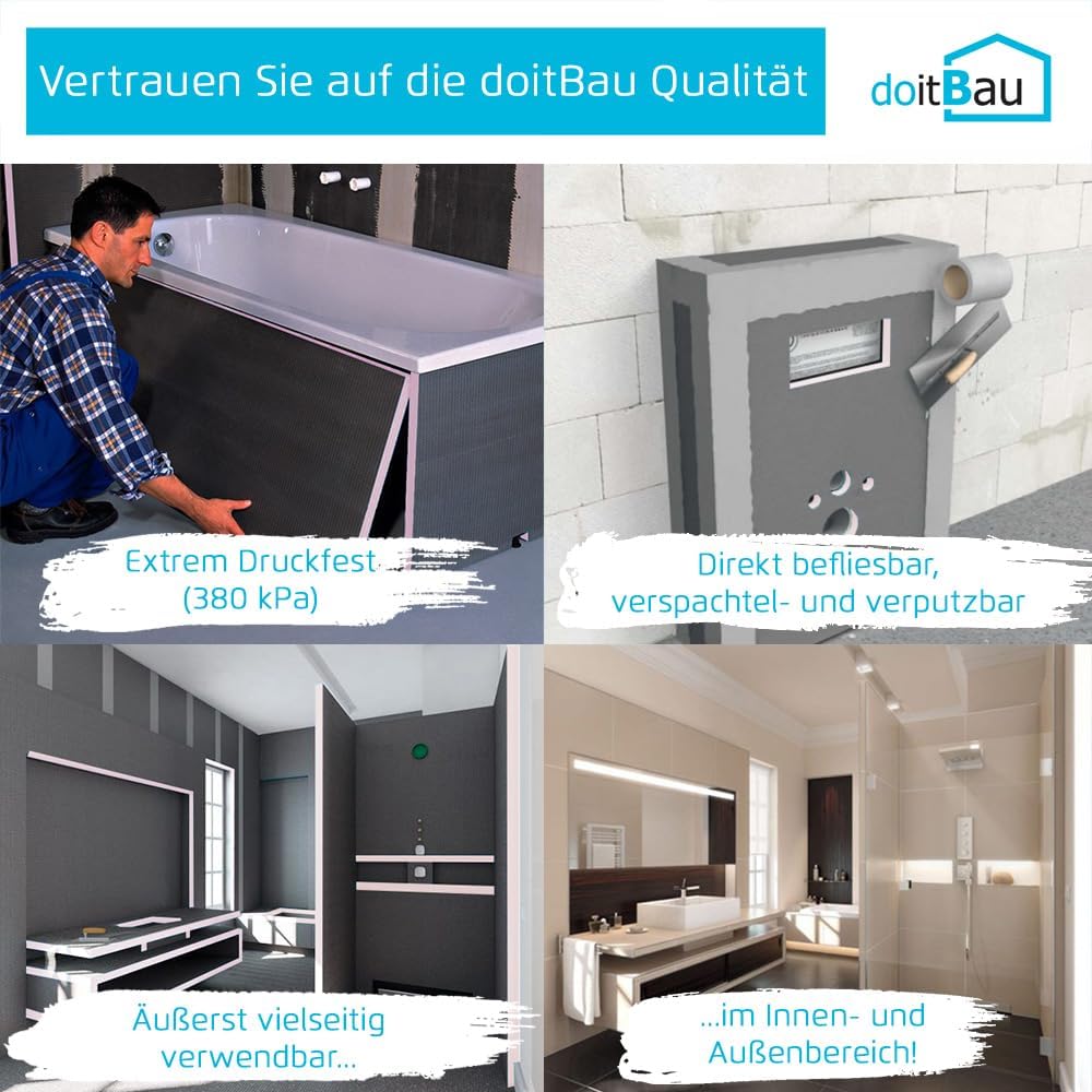 doitBau Bauplatte XPS – Hartschaum Dämmplatte – druckfest wasserundurchlässig direkt befliesbar – 60 x 120 cm 10 mm – 15 Platten 10,8 m² Bad Küche Nassraum Innen Außen