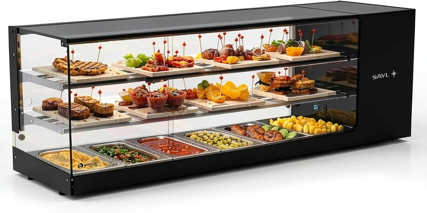 Vetrina tapas Logic WORLDMAI x SAYL, 132 x 38 cm, 3 livelli e 6 vaschette GN 1/3 per ristorazione. Vetrina refrigerata professionale da banco con LED, per bar e ristoranti.