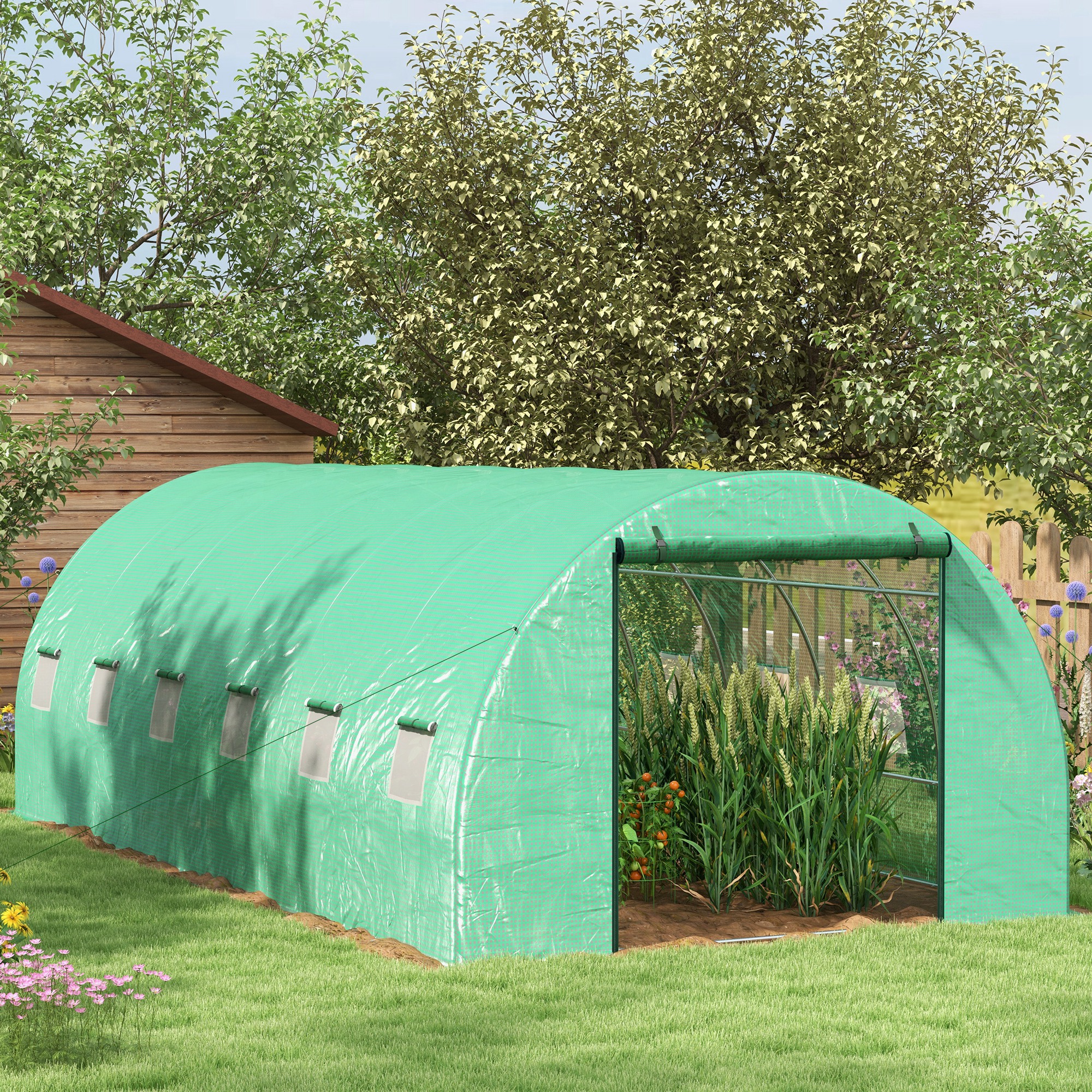 Outsunny Gartenfolientunnel 18 m² mit integriertem Bewässerungssystem, 6L x 3B m 12 Fenster Aufrollbare Tür Grün