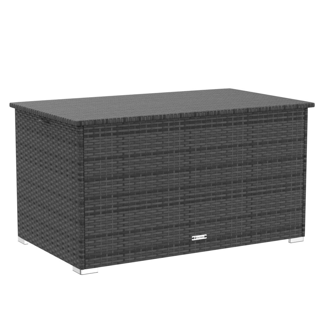 Aufbewahrungsbox Garten 750 L aus Aluminium und Polyrattan, grau, wetterfest mit Deckel und Gasdruckfedern, 145x82,5x79,5 cm