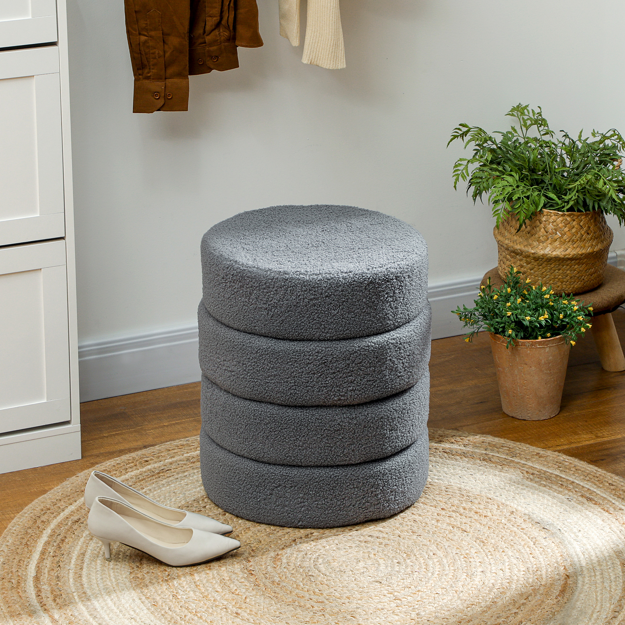 HOMCOM Hocker, rund, Teddyfleece, Metallgestell, bis 120kg, Φ40x45H cm, Dunkelgrau