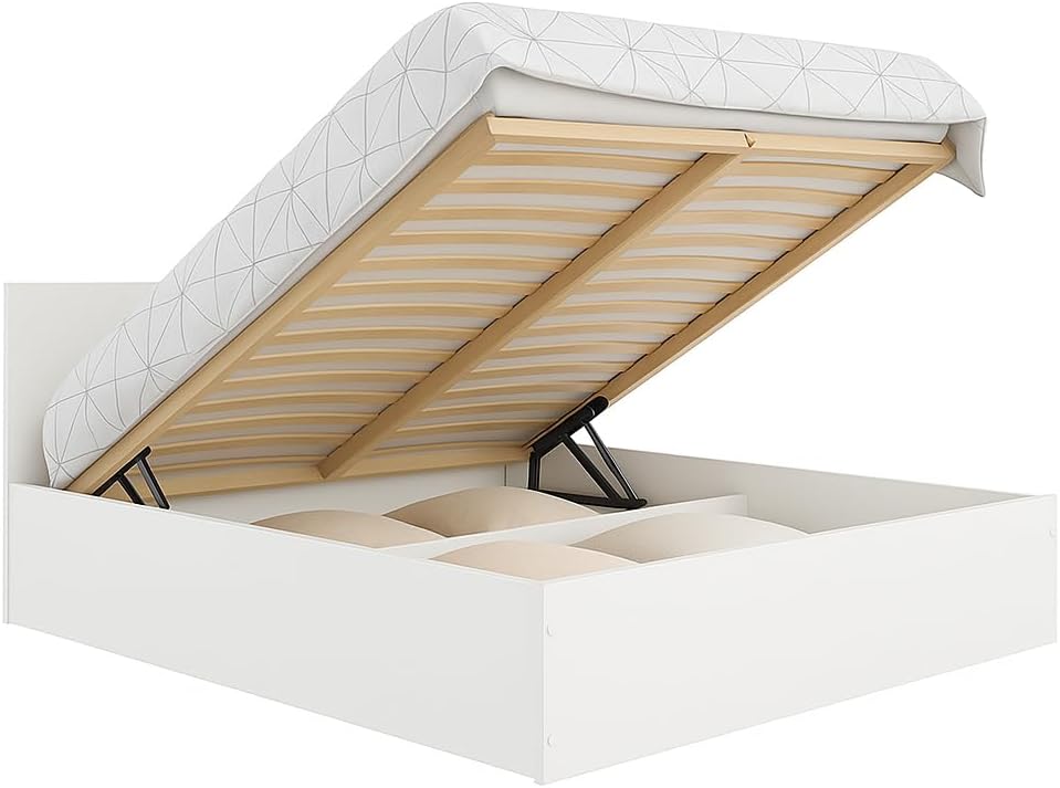 Doppelbett 180x200cm, Stauraumbett mit Bettkasten & Birkenholz Lattenrost, Robustes Bett mit Kopfteil, Bettgestell aus Schichtstoffplatte, ohne Matratze, Weiß