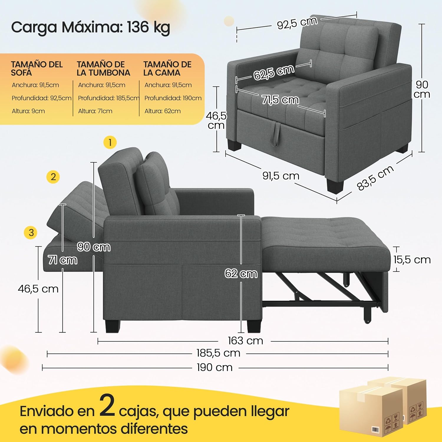 Yaheetech Divano Letto 3 in 1 Imbottito Divanetto Singolo con Schienale Regolabile Divano a 1 Posto per Soggiorno Camera da Letto Poltrona Pieghevole Ufficio Appartamento Grigio Chiaro