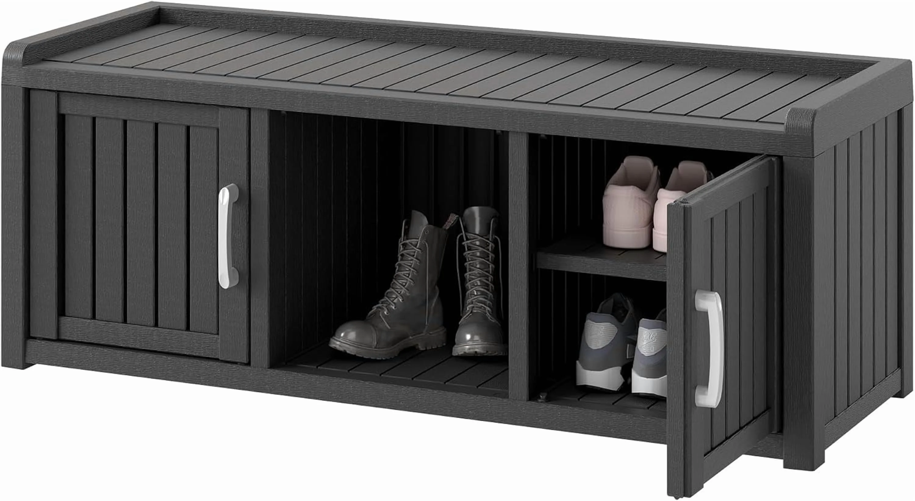 KAMABOKO Outdoor Shoe Storage Cabinet, Waterproof UV-Resistant Entryway Storage Bench Indoor Outdoor with 2 Barn Doors, Adjustable Shelves for Entryway, Bedroom, Hallway,Living Room(Black)