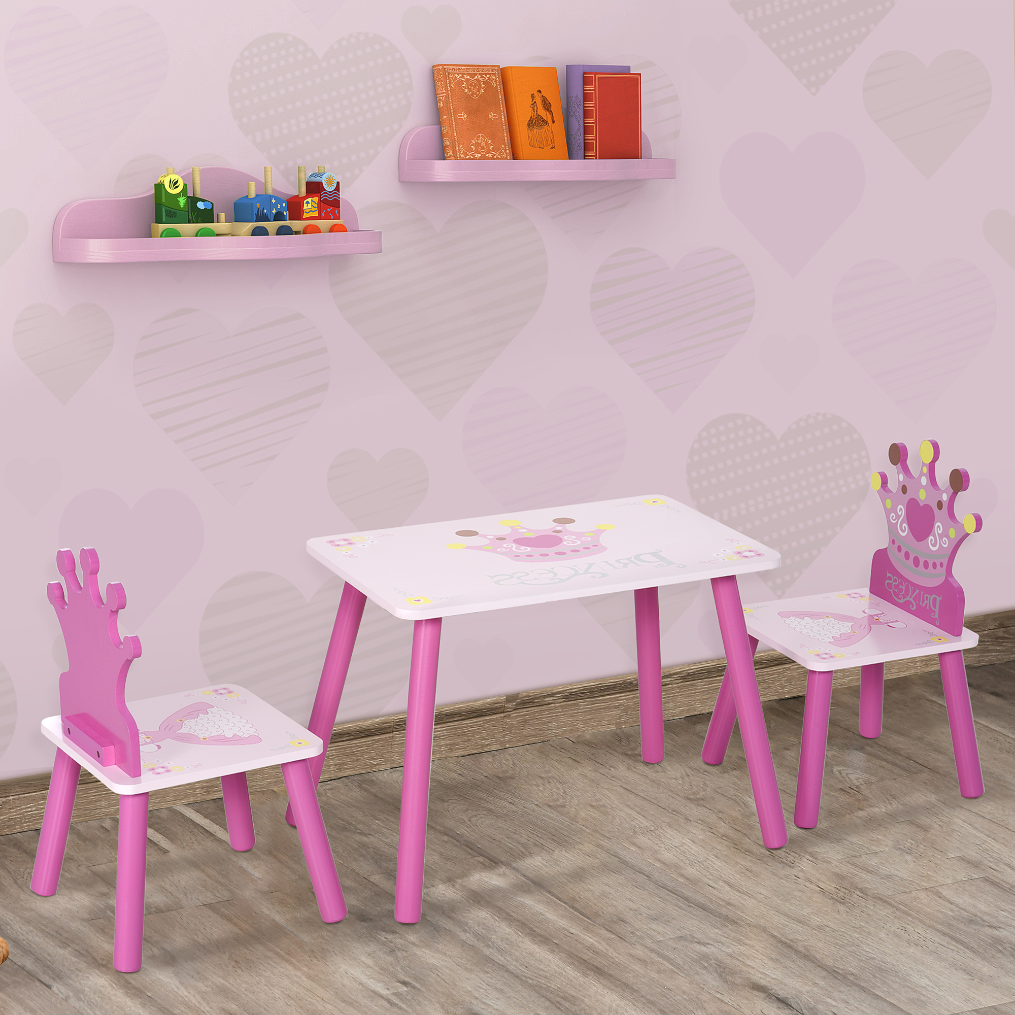 HOMCOM 3-tlg. Kindersitzgruppe mit 1 Kindertisch 2 Stühle Sitzgruppe Kinder Kindermöbel für Kleinkind Mädchen Junge Kiefer+MDF Rosa  55 x 34 x 42 cm