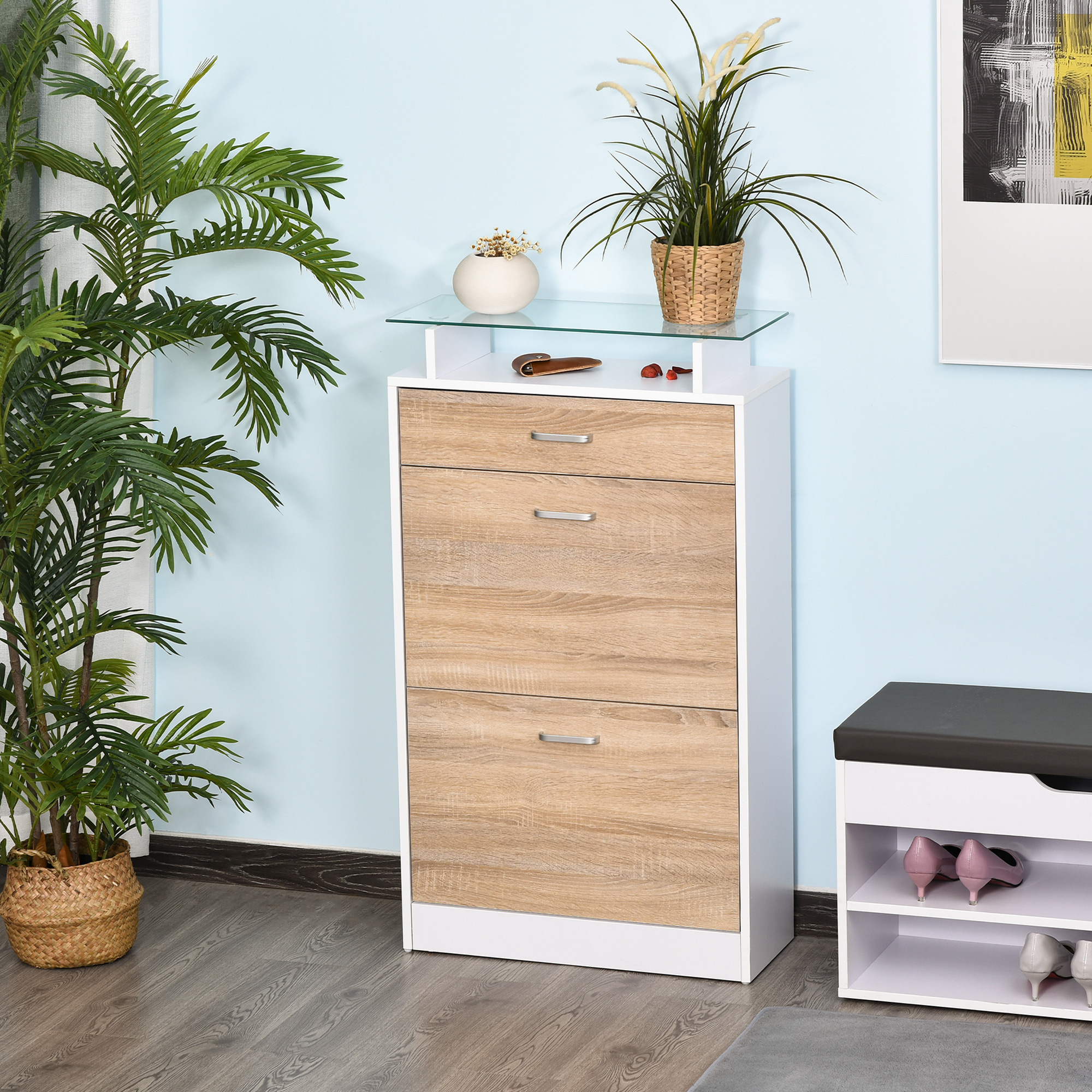 HOMCOM Schuhschrank Schuhregal 2 klappbare Türen 2 Fachböden, Schublade, Glasplatte - Holz Hellbraun Weiß