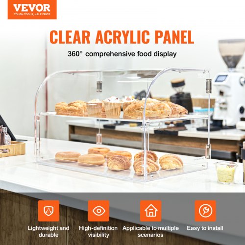 VEVOR 2-stöckige Gebäck-Vitrine, Kommerzielle Bäckerei-Vitrine 558 x 356 x 356 mm, Acryl-Vitrine mit mit stabilen Doppelscharnieren, Bäckerei Konditorei Vitrine für Donut-Bagels, Kuchen, Kekse usw.