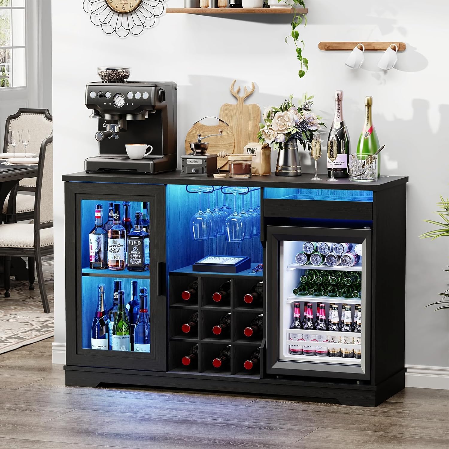 Barschrank mit Kühlschrank (inklusive), weinkühlschrank mit LED-Beleuchtung, Getränkeschrank Sideboard mit Bewegungssensor, Weinschrank für Wohnzimmer Küche Esszimmer (Schwarz)