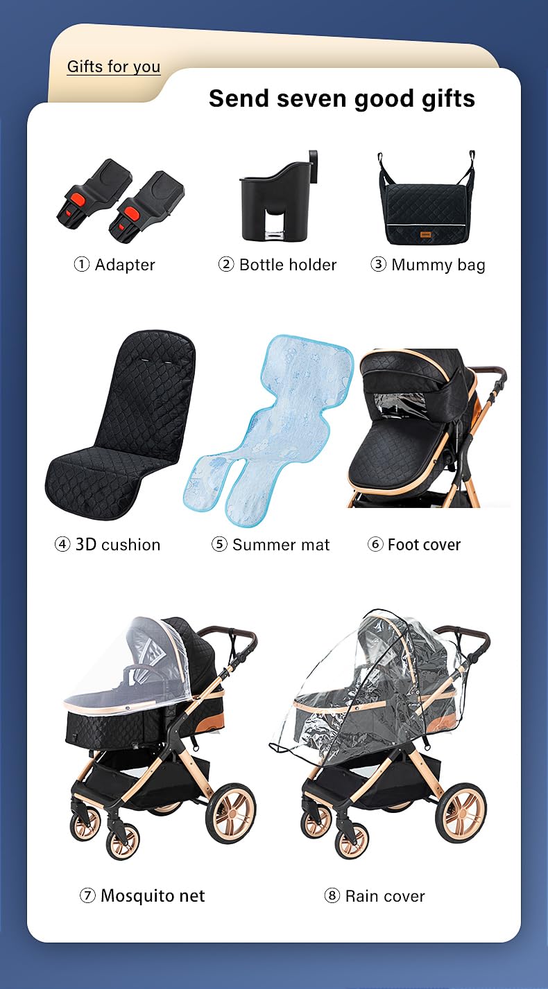 YAZOCO kinderwagen 3 in 1 Buggy Babybett Komplett Set Einem Klick Zusammenklappbarer Kinderwagen, KombiKinderwagen Aluminiumrahmen für Neugeborene Sitzzubehör (1 schwarz)