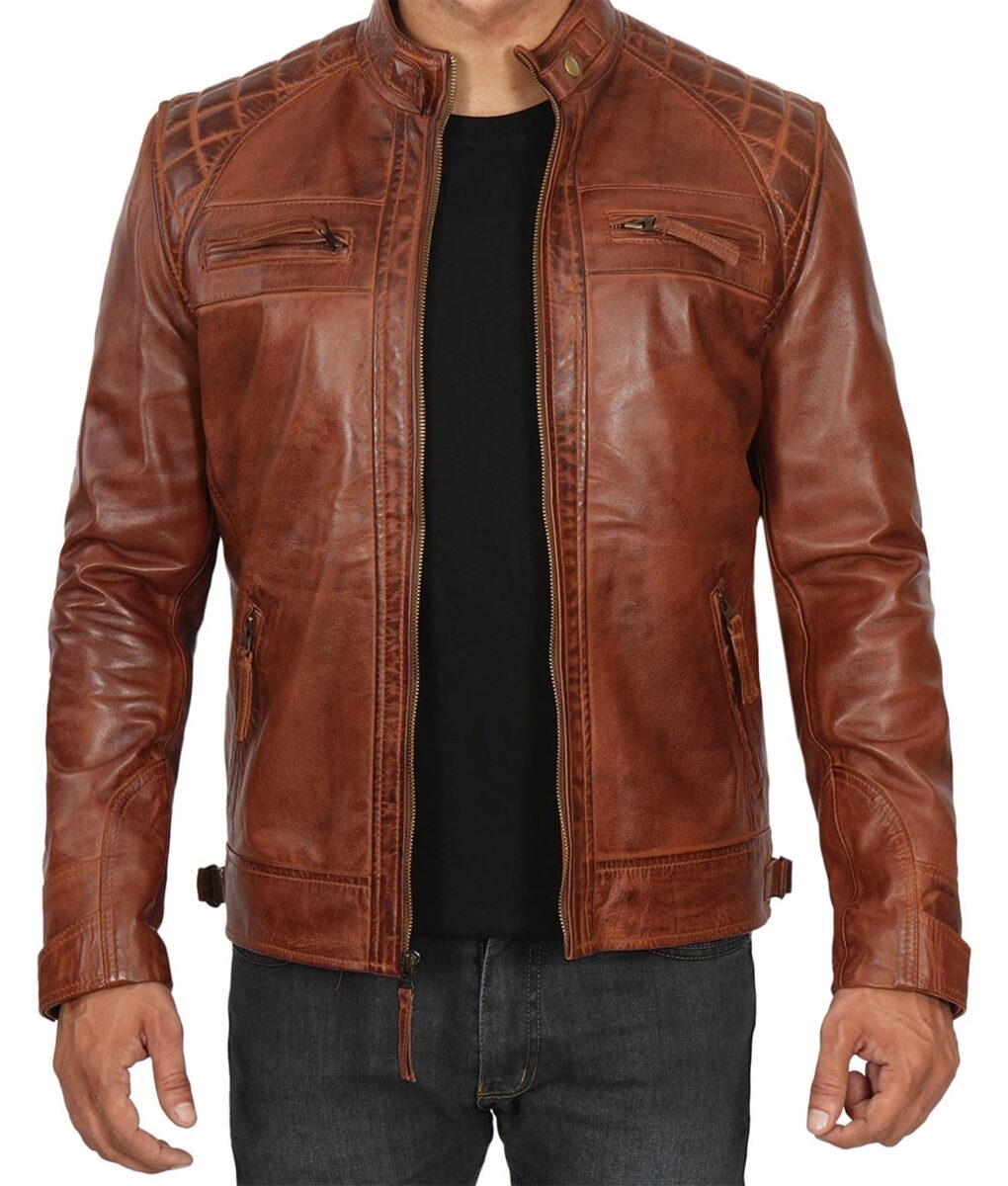 Mens Brown Cafe Racer Leather Jacket