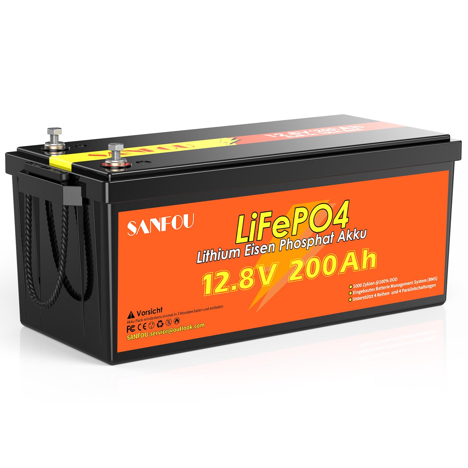 LiFePO4 Batterie 12V 200Ah mit 100A BMS, 2560Wh Lithium Akku für Wohnmobil und Camping