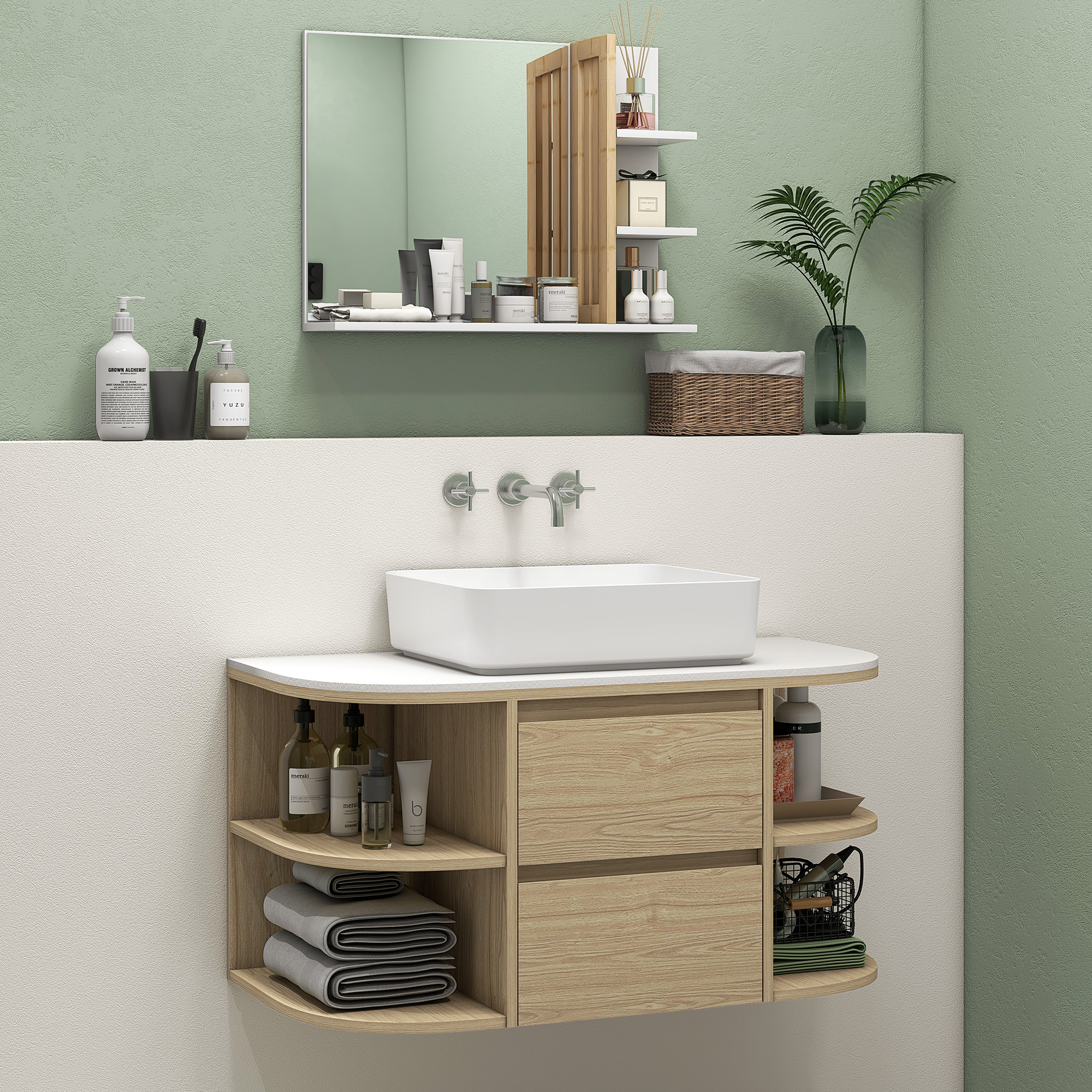 HOMCOM Badezimmer-Unterschrank mit hängendem Waschbecken, Waschtisch mit Soft-Close-Schubladen und Regalen, Braun