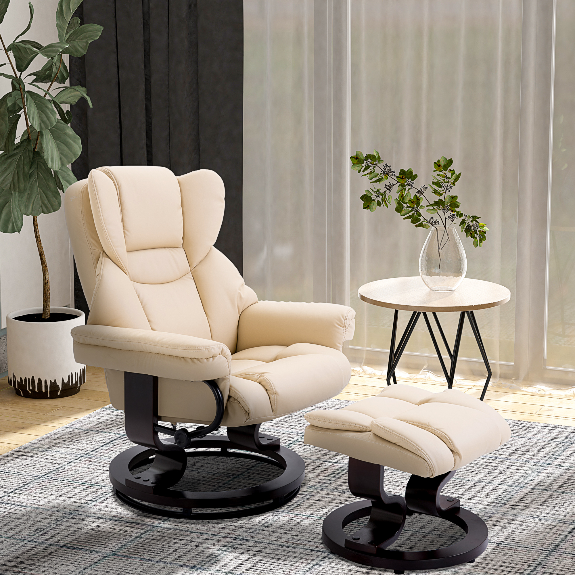 HOMCOM Relaxsessel mit Hocker, Liegefunktion, drehbar, bis 160 kg, Kunstleder, Metallrahmen, creme, 80 x 79 x 100 cm