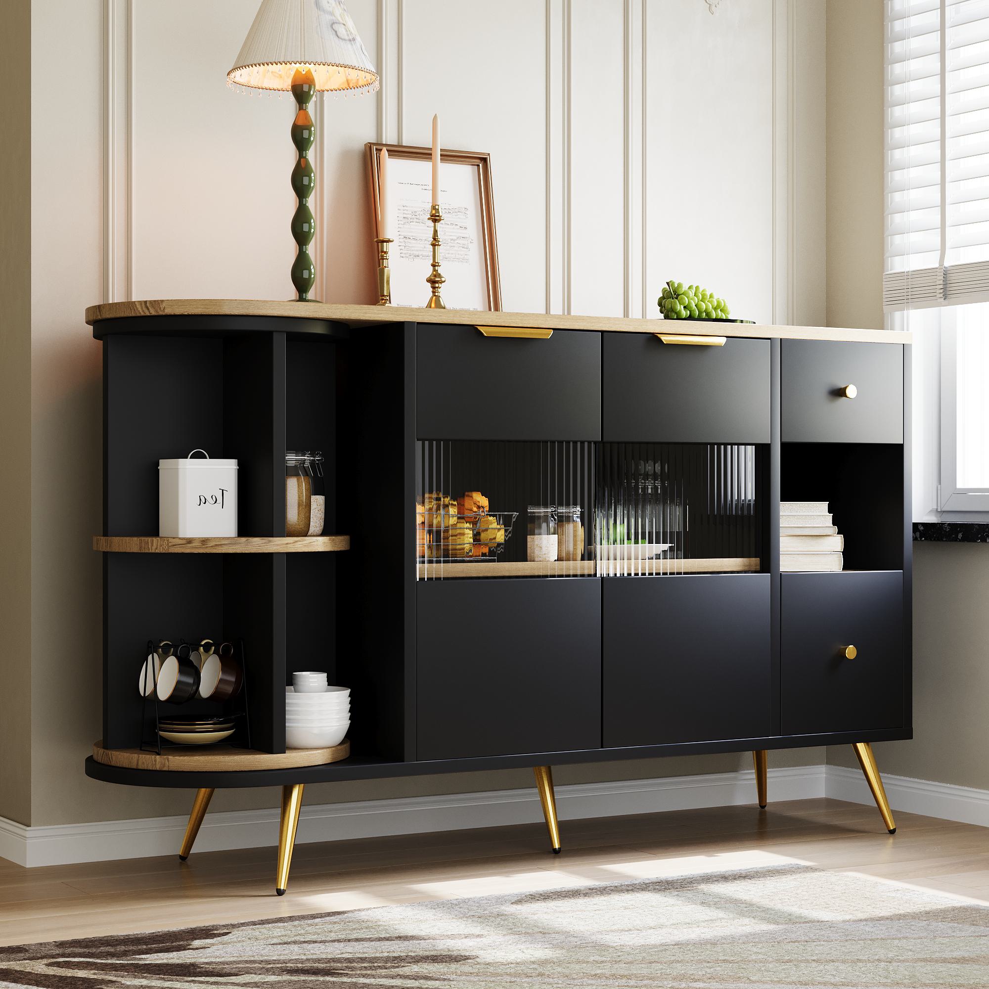 Sideboard Aufbewahrungsschränke mit Glastür und LED-Leuchten, Holzanrichte Freistehende Schränke, 130×40×80 cm, Schwarz
