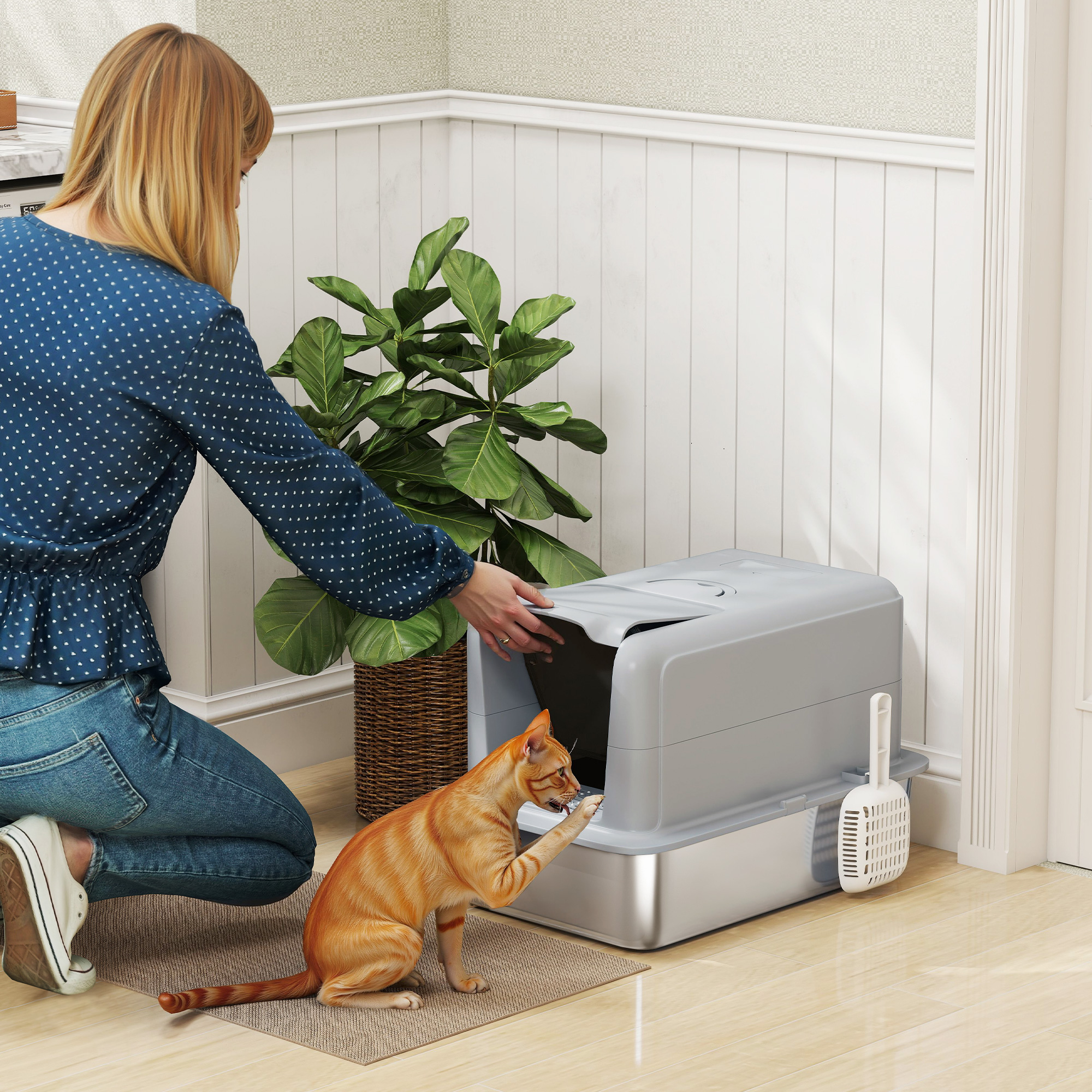 PawHut Katzentoilette, Wanne aus Edelstahl, Filter, Schaufel, für Katzen bis 6 kg, 40,5 x 60,5 x 41,5 cm, Grau/Silber