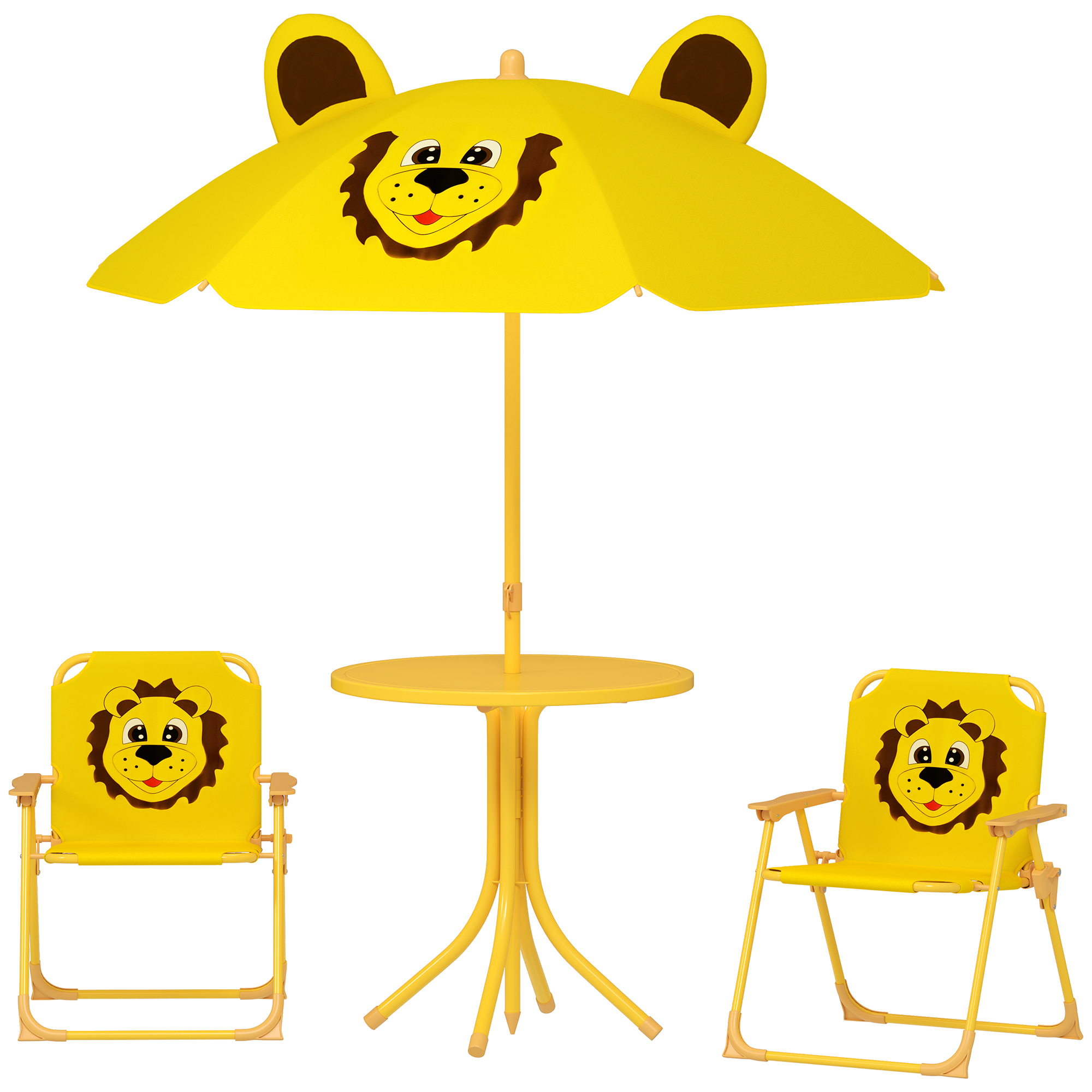 AIYAPLAY Gartenmöbel-Set für Kinder, Stühle, Tisch, Sonnenschirm, Löwen-Design, Gelb