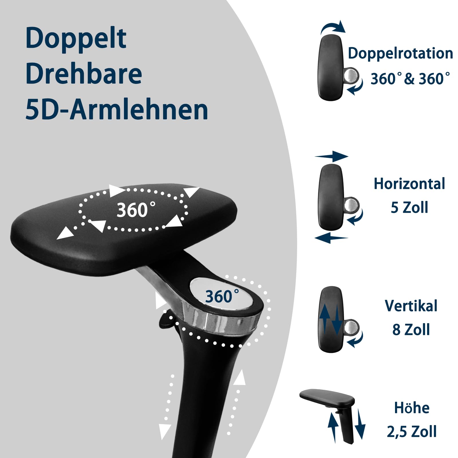 Ergonomischer Bürostuhl für große und schwere Personen mit Fußstütze, 5D-Armlehnen, Lendenstütze und Netz-Rückenlehne in Schwarz