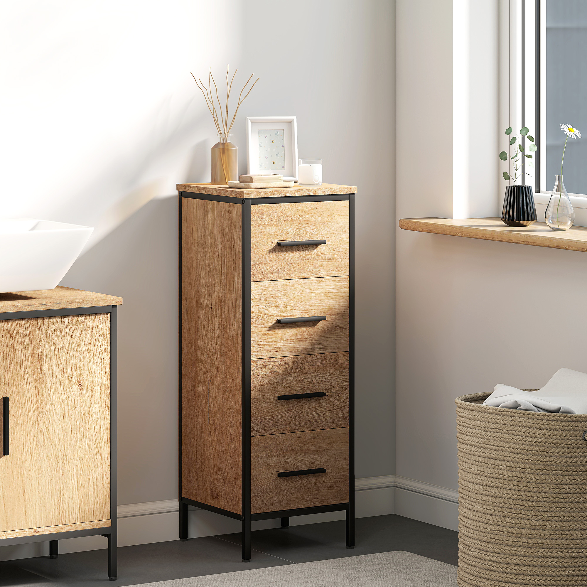 HOMCOM Schmaler Badezimmerschrank mit 4 Schubladen und Stahlstruktur, 30 x 30 x 82 cm, Eiche