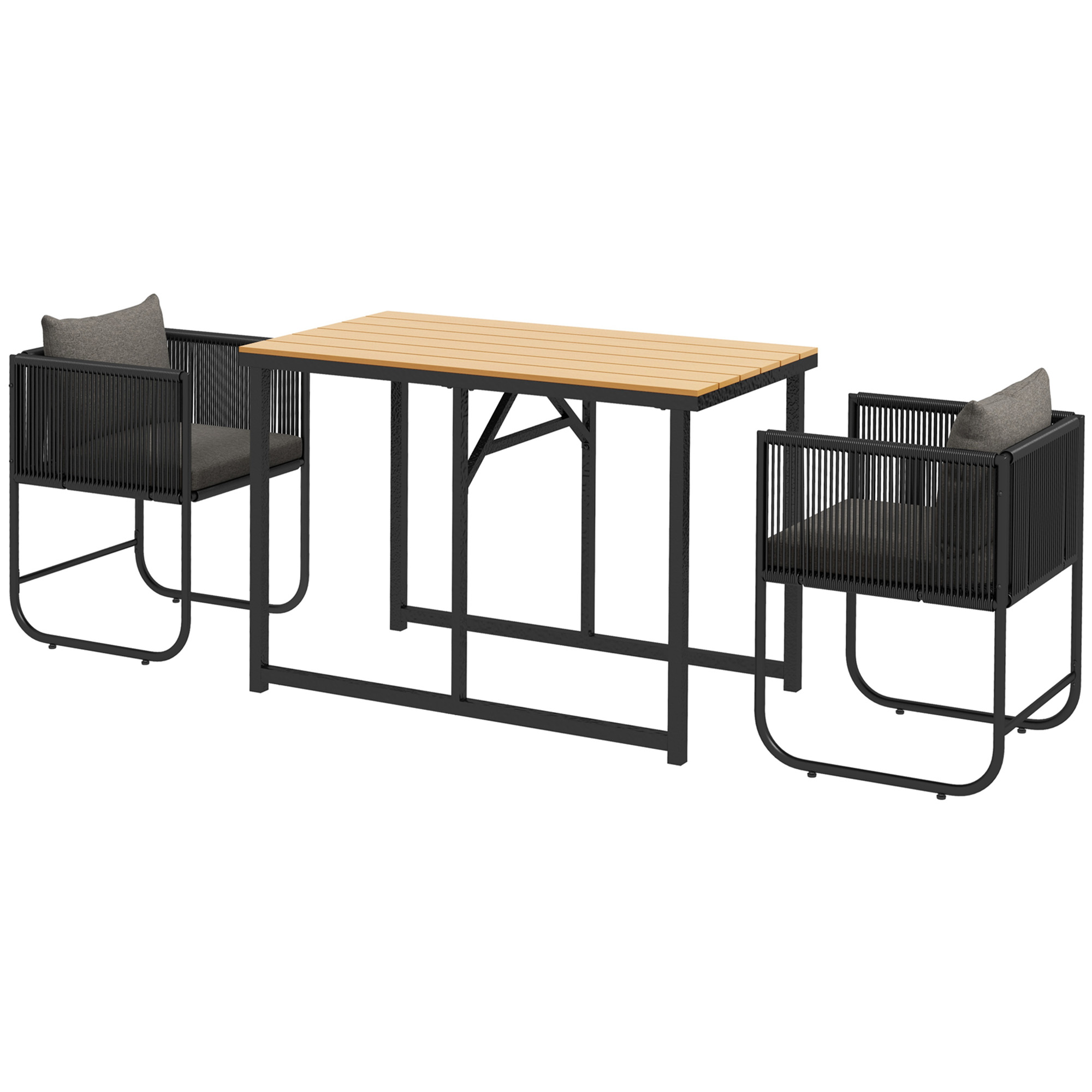 Outsunny Gartenmöbel Set 3-teilig mit 1 Tisch und 2 Sesseln 4 Kissen Tisch aus Verbundwerkstoffplatte mit Holzoptik schwarz