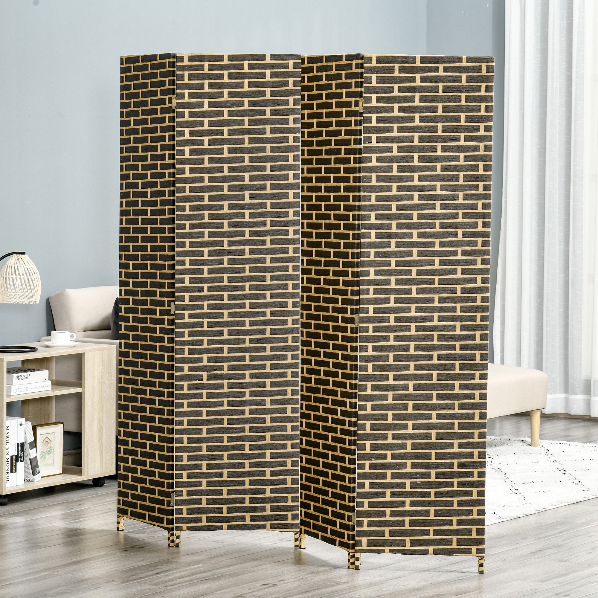 HOMCOM Innenraum-Paravent mit 4 faltbaren Paneelen 180L x 180H cm Raumteiler aus Pappelholz Geflochtene Papierfasern Schokoladenstroh