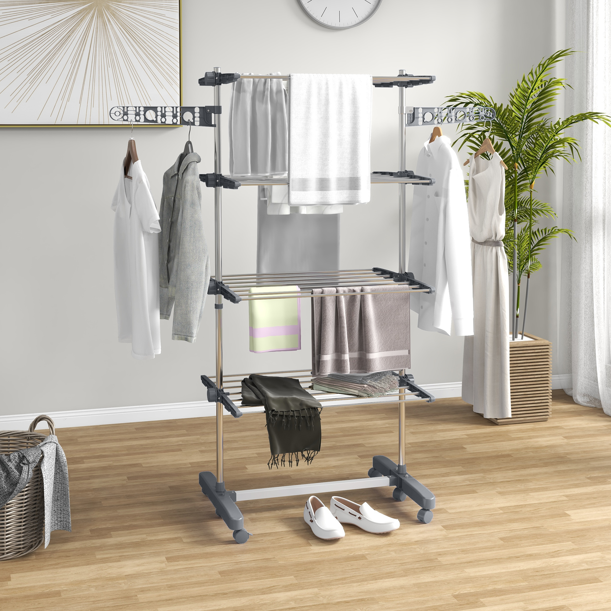 HOMCOM Wäschenständer Wäschetrockner 5 Ebenen, klappbar, One-Klick-System, 142 cm x 55 cm x1 72 cm, Grau + Silber