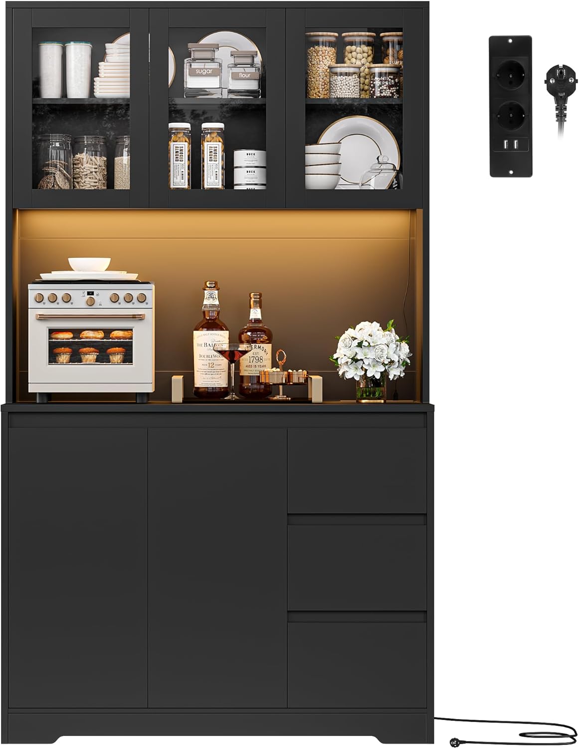 FirFurd Credenza Cucina, Credenza Alta con Luci a LED e Prese, Mobile Buffet con Cassetti e Armadi, Ripiani Regolabili, per Cucina, Soggiorno, Studio180x100x38,5cm (Nero)