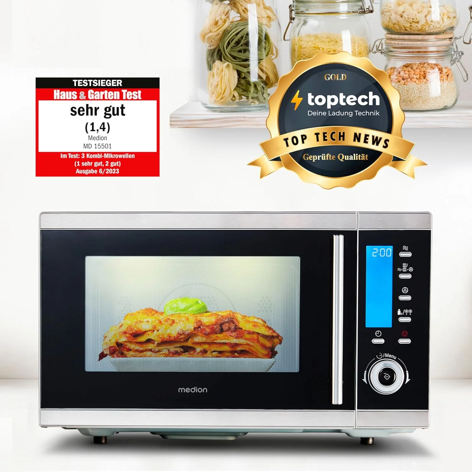 MEDION MD 15501 4 in 1 Mikrowelle mit Grill (25 Liter, 900 Watt, 1100 Watt Grill, 2500 Watt Heiluft, 10 Automatik-Programme) silber