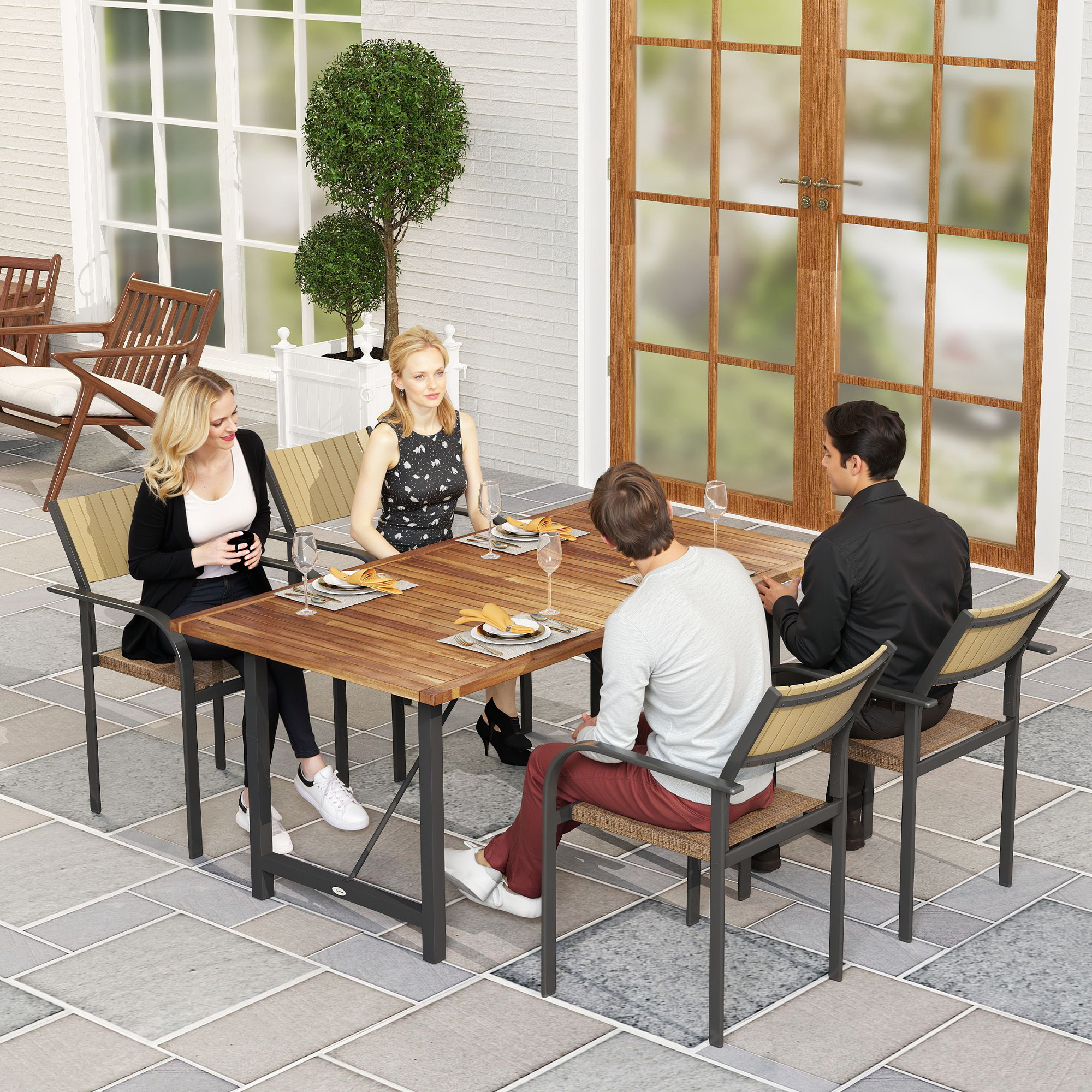 Outsunny Gartentisch 160x90 cm aus Akazienholz und Stahl mit Lattenstruktur, Teak