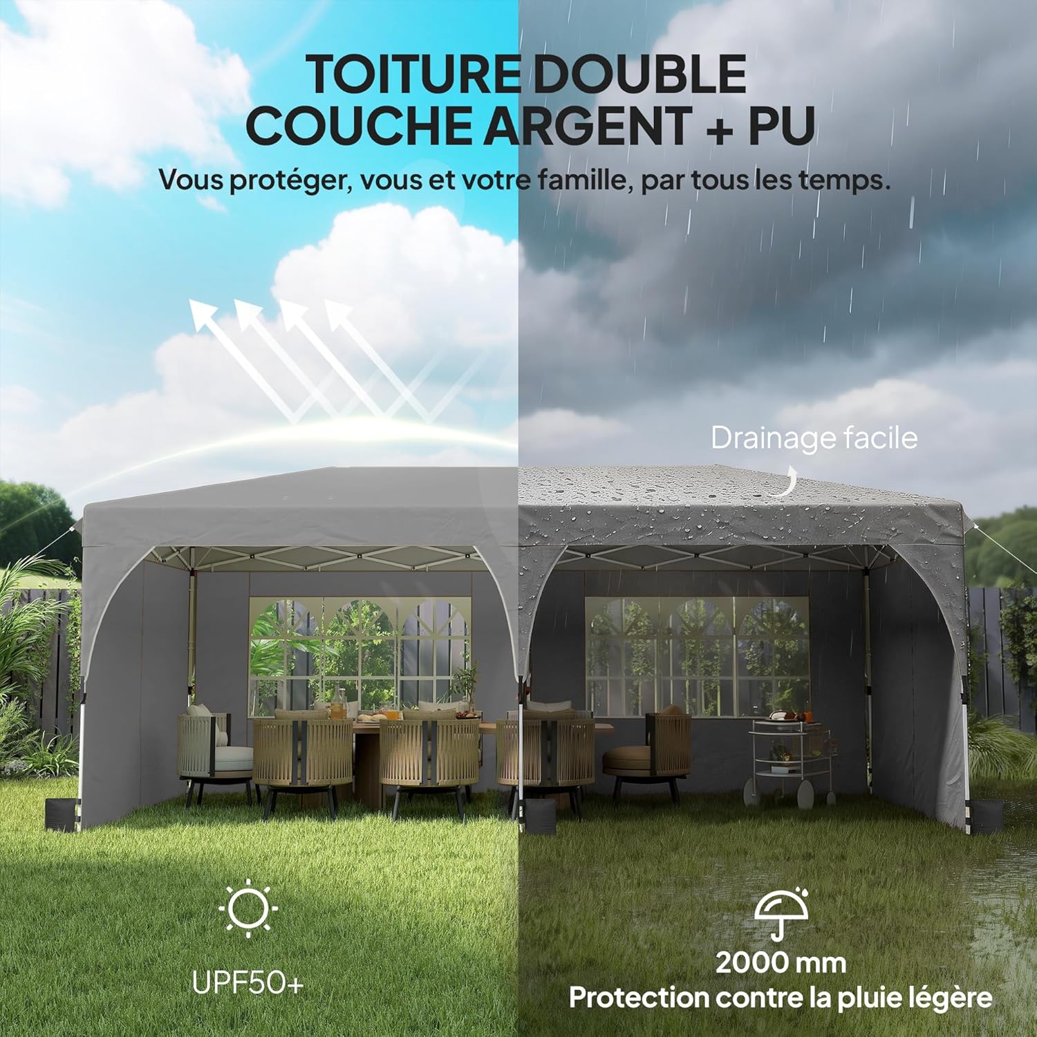 Outsunny Gartenpavillon 3 x 6 m Pop-up-Zelt, höhenverstellbar, wasserdicht, UV50+ Schutz, zusammenklappbarer Pavillon mit 4 Seitenwänden, 6 Sandsäcken, Tragetasche, einfache Montage, grau