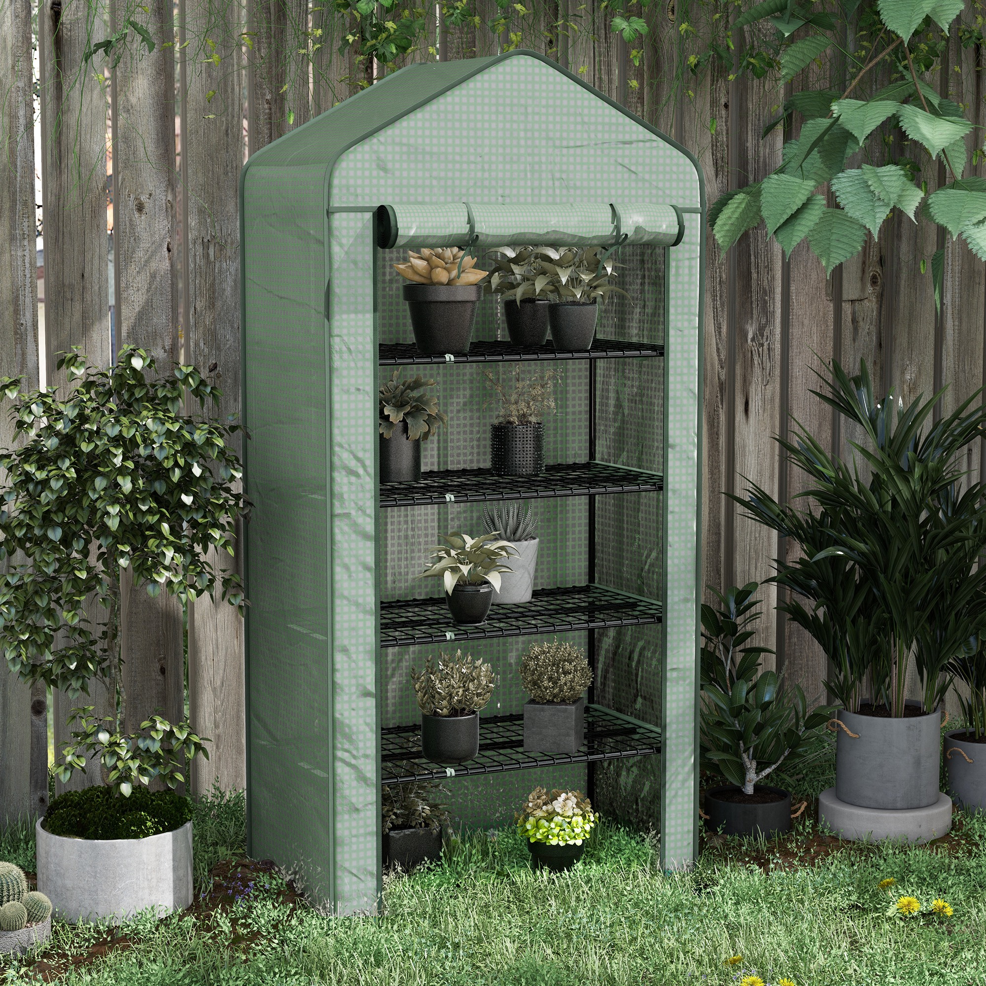 Outsunny Garten-Gewächshaus 5 Etagen mit 1 aufrollbaren Tür, Verstärkte PE-Folie, 90L x 49B x 193H cm