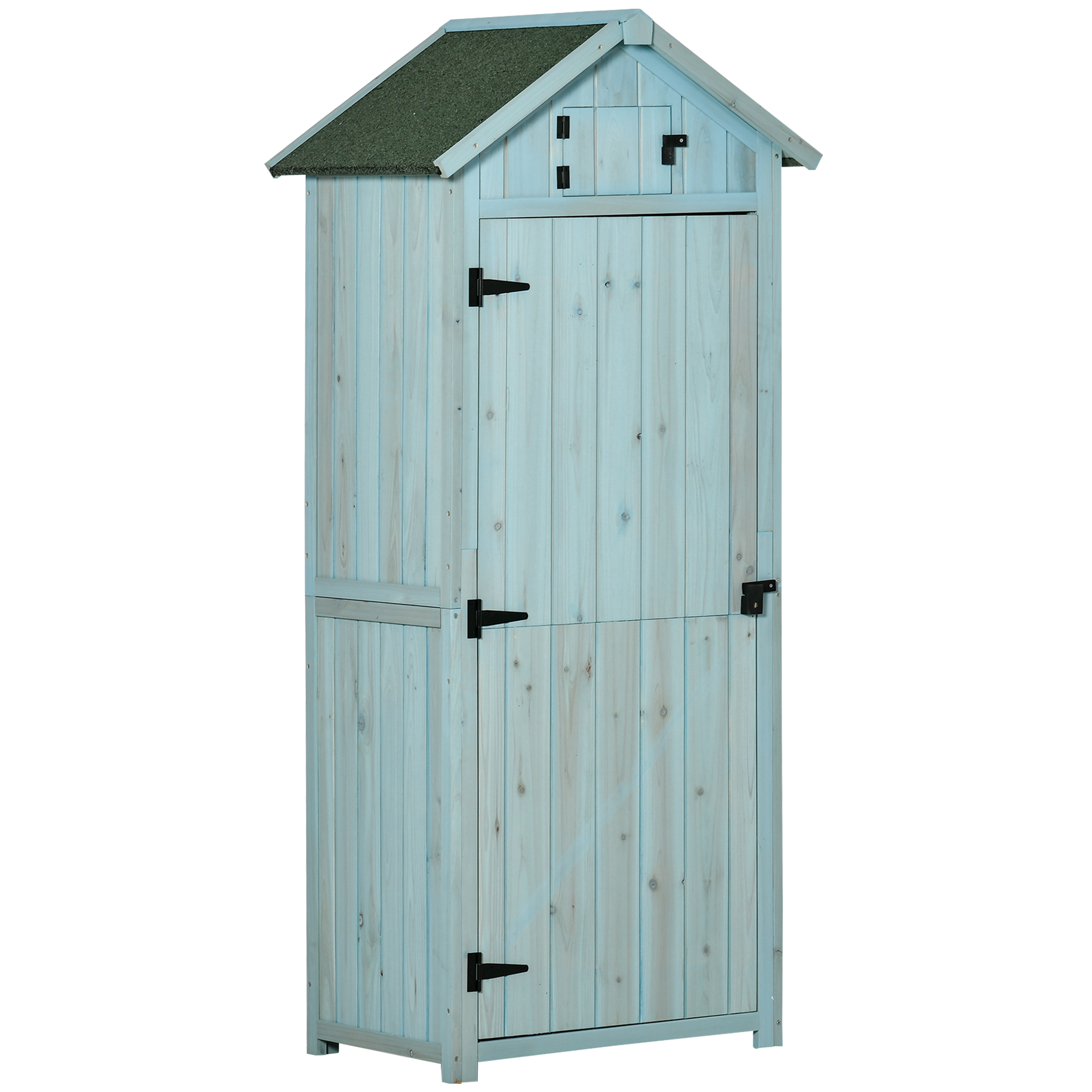 Outsunny Gartenschrank Holz, Geräteschuppen wetterfest 77x54,2x179cm, Gerätehaus mit Tür, Satteldach, Geräteschrank mit Böden, Werkzeugschrank Gartenschuppen für Garten, Terrasse, Hellblau+Grün