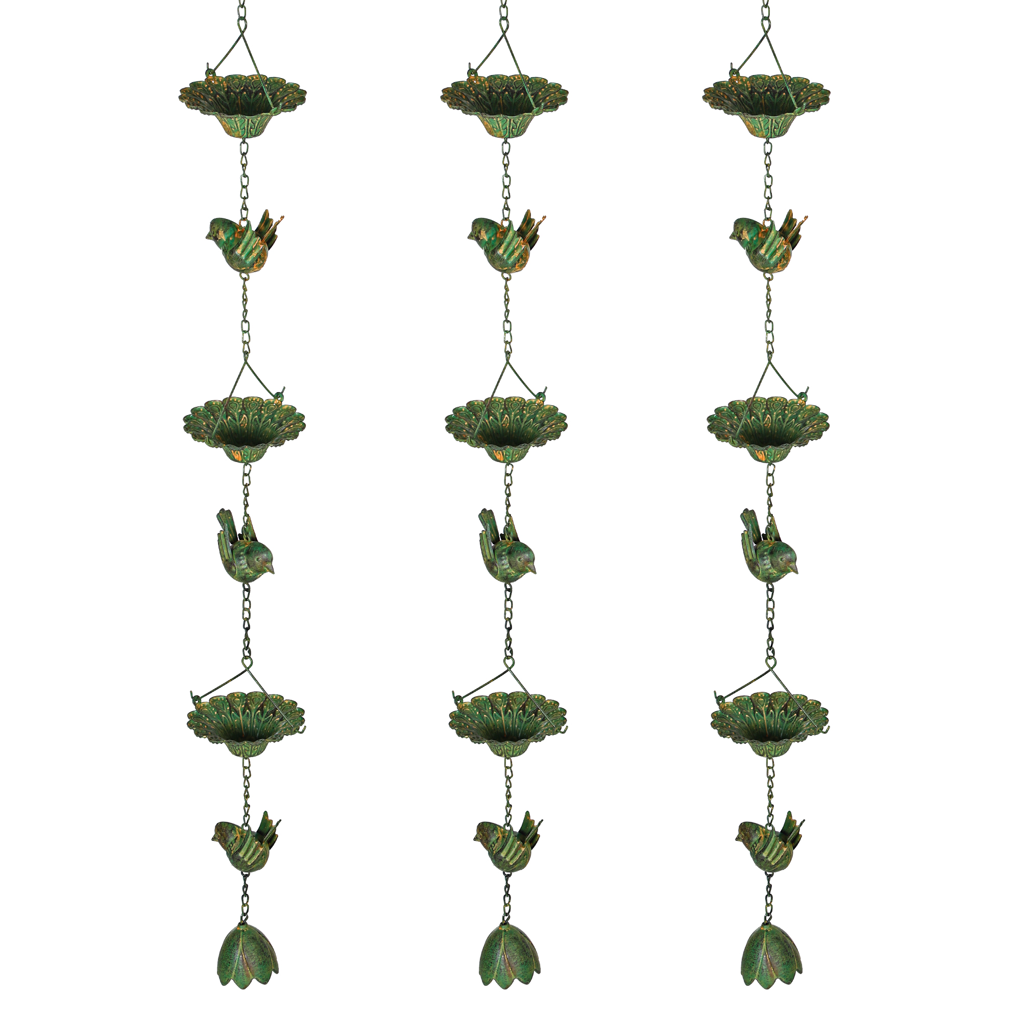 Outsunny 3er Set Regenkette 123cm Regenablaufkette aus Metall Ablaufkette mit befestigtem Aufhänger Vögeln Bell Grün