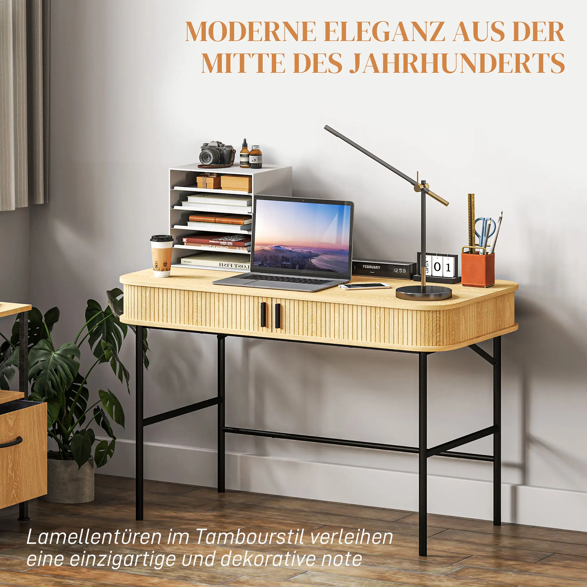 HOMCOM Schreibtisch mit Stauraum Lamellendekor Eiche