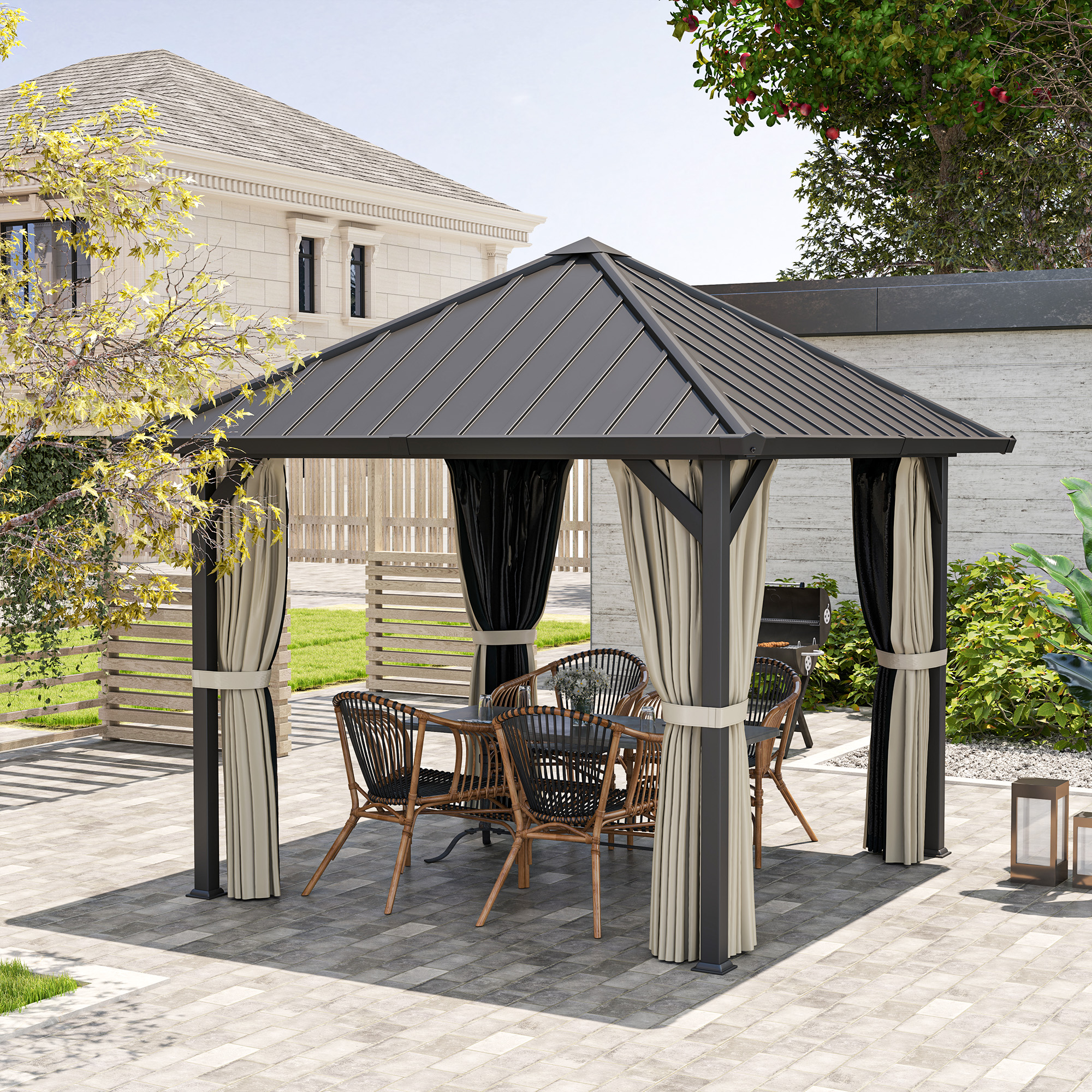 Outsunny 3 x 3m Harddak Paviljoen, Tuinpaviljoen met Metalen Dak, Waterbestendig Tuinzelt met Net en Zijwanden, Donkergrijs