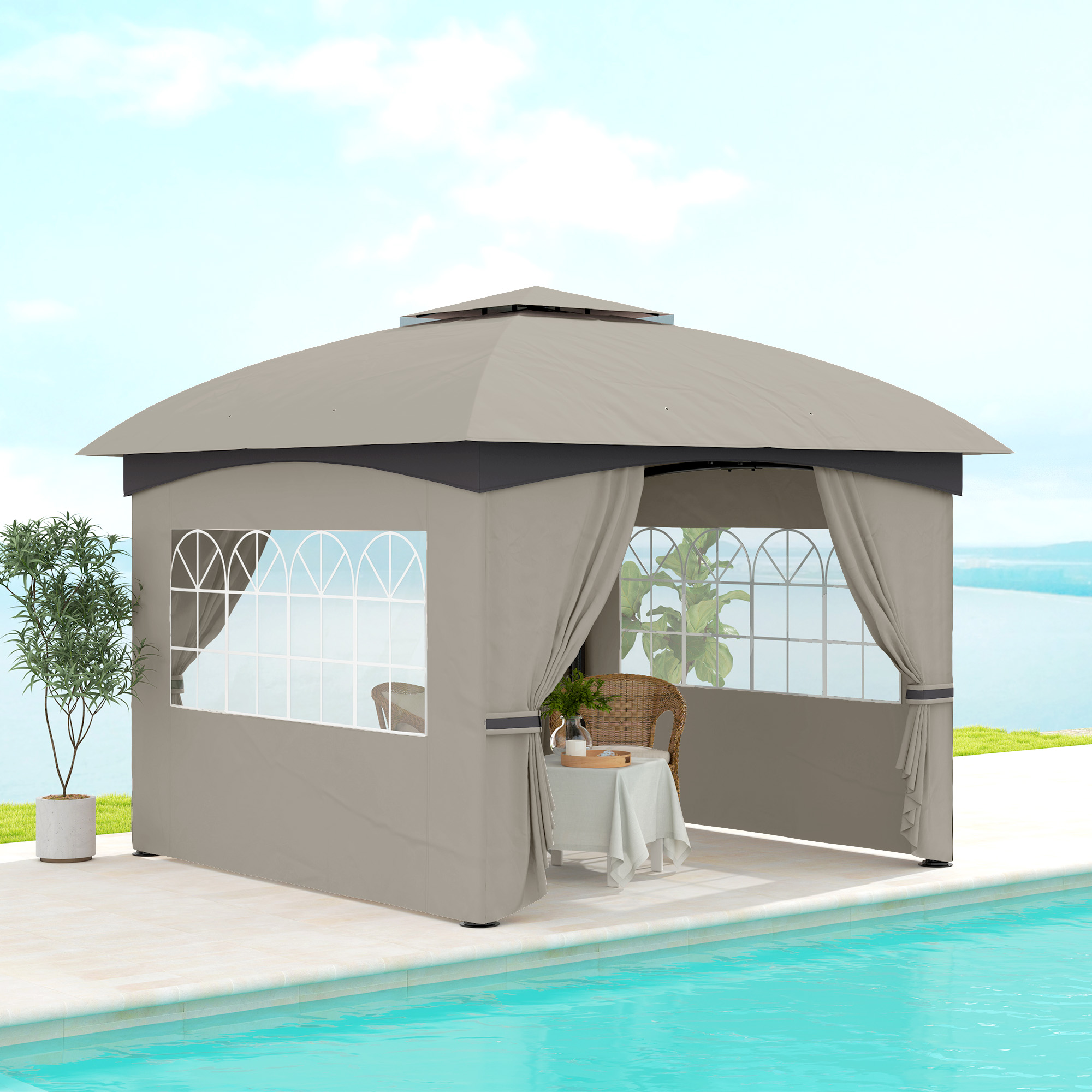 Outsunny 3,4 x 3,4 m Tuinpaviljoen, Feesttent met Ventilatiedak, Boogvensters, Stalen Frame, Lichtgrijs
