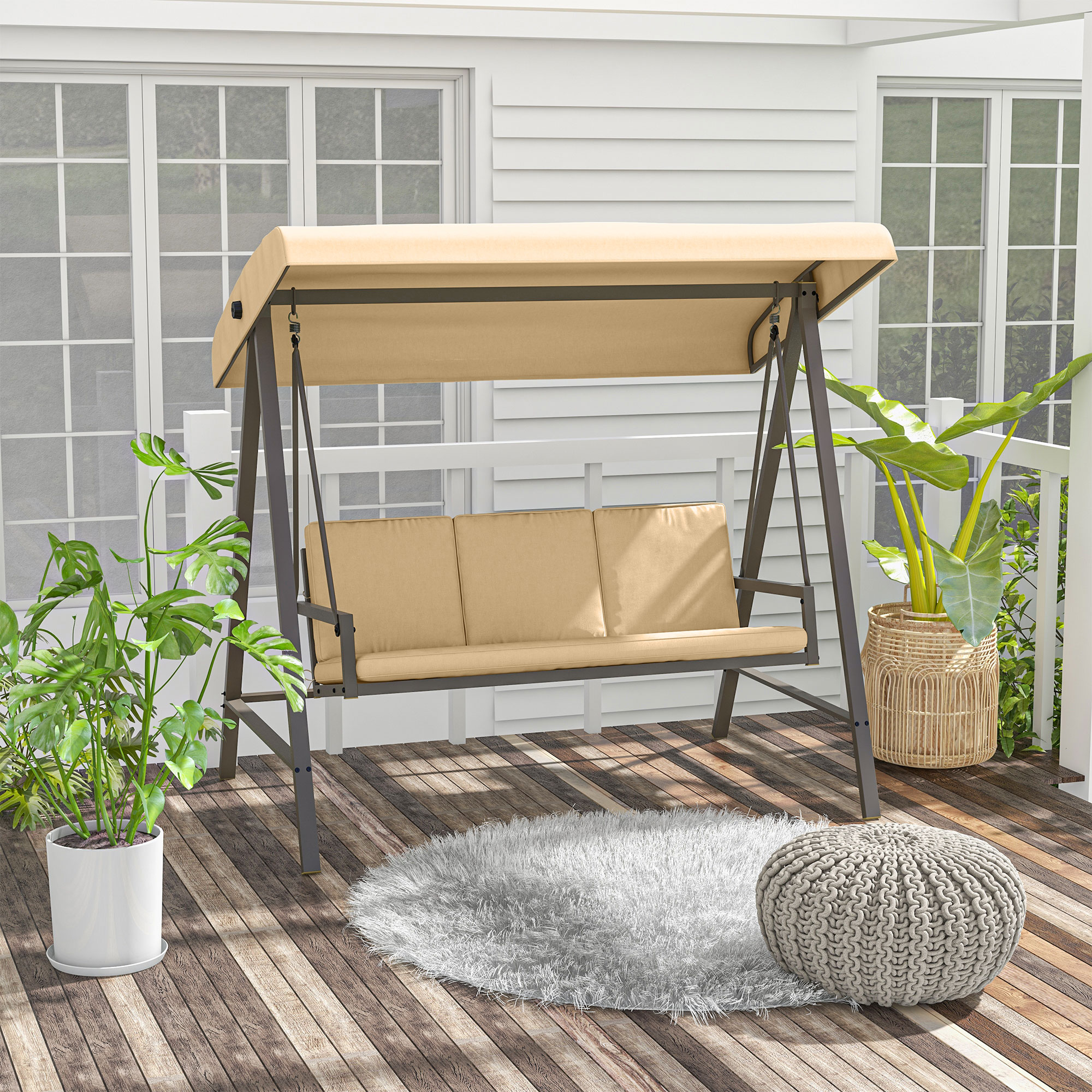 Outsunny Hollywoodschaukel Gartenschaukel Schaukelbank, verstellbares Sonnendach, 200 cm x 125 cm x 175 cm, Beige + Braun