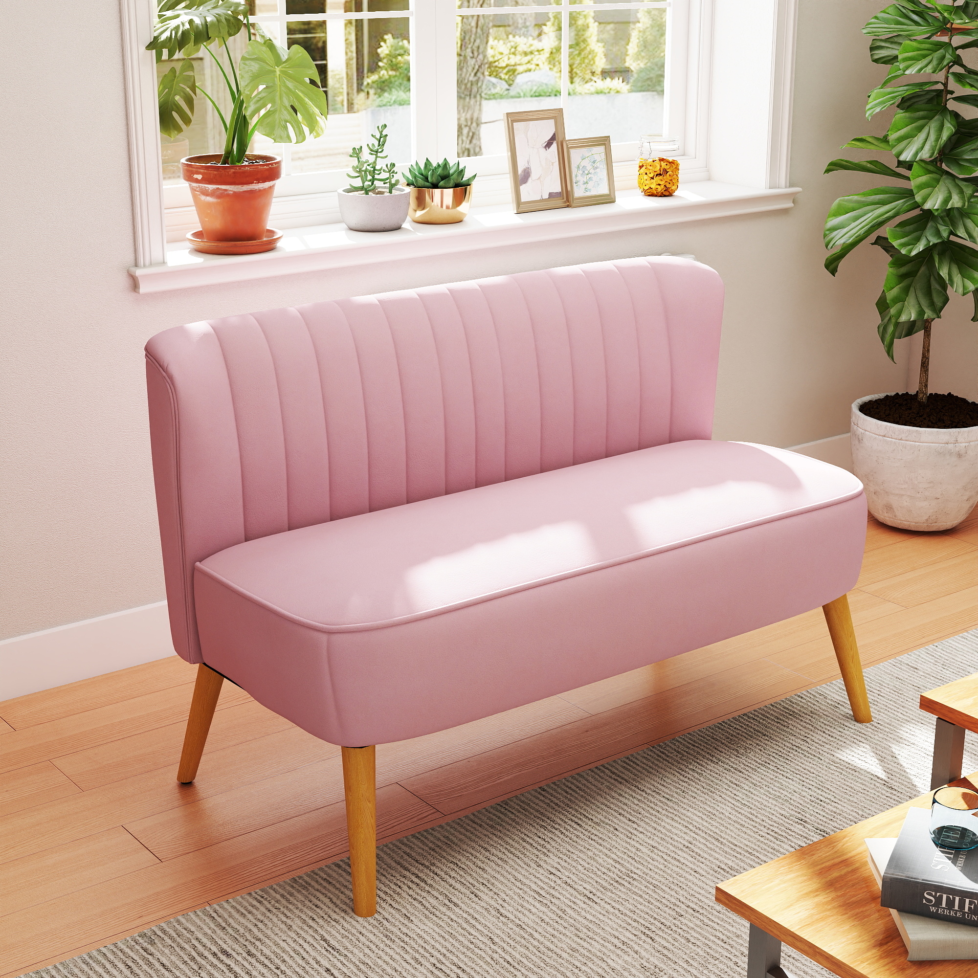 HOMCOM Sofa Retrodesign 2-zitsbank, houten poten, 117 cm x 56,5 cm x 77 cm, Roze