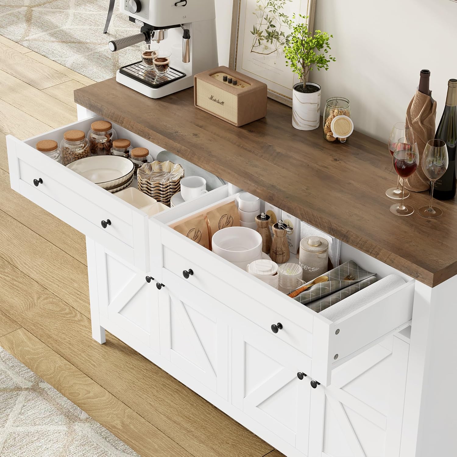 HOCSOK 140 cm Credenza Cucina, Madia Soggiorno Moderna con Ripiani Regolabili, Buffet Mobile con 2 Cassetti 4 Ante, per Soggiorno, Cucina, Ingresso, Multiuso, Bianco